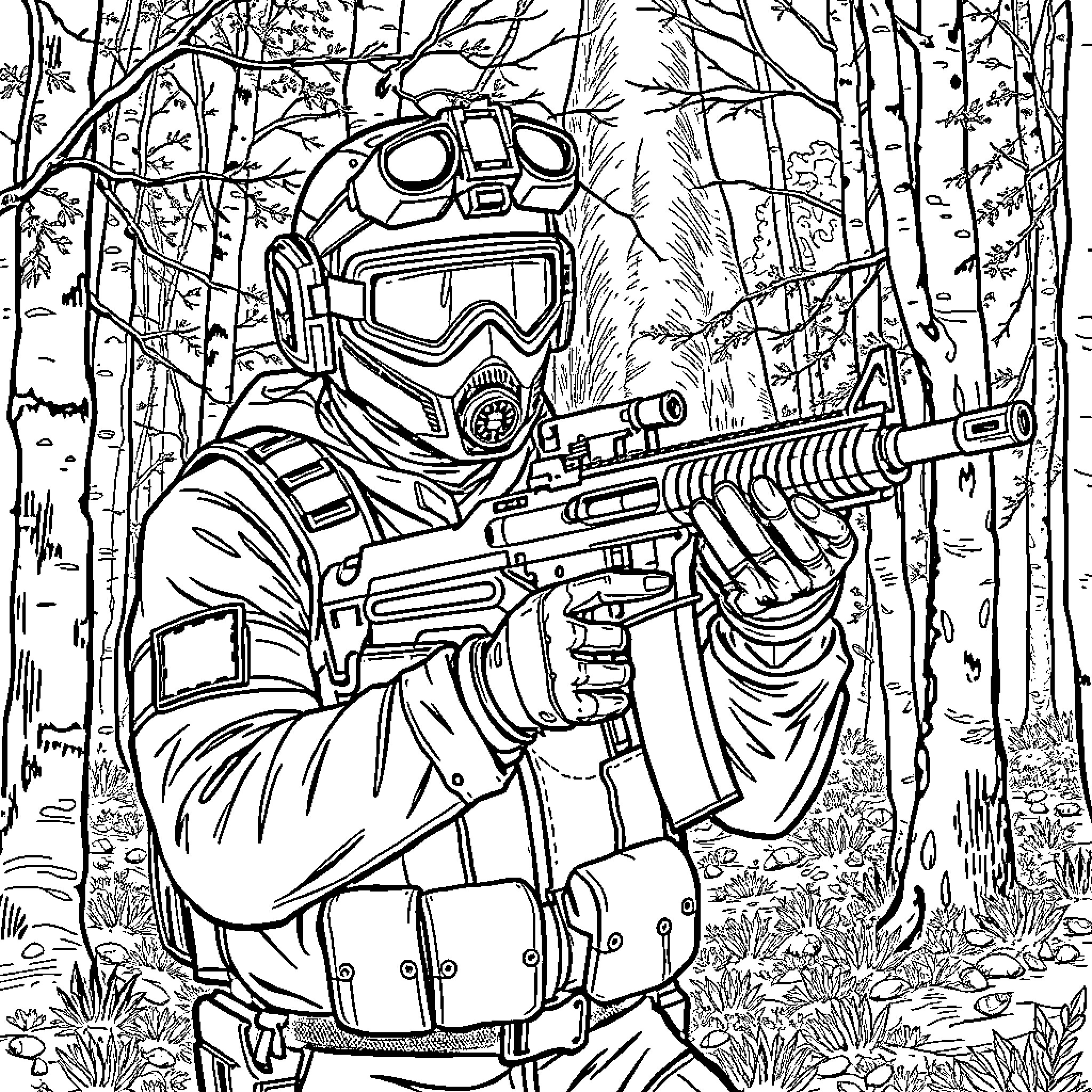 Airsoft Player Tactical Gear in Forest Surroundings Coloring Page (free black-and-white line drawing printable PDF for all, from beginners to advanced learners, including children, teens, adults, and seniors)