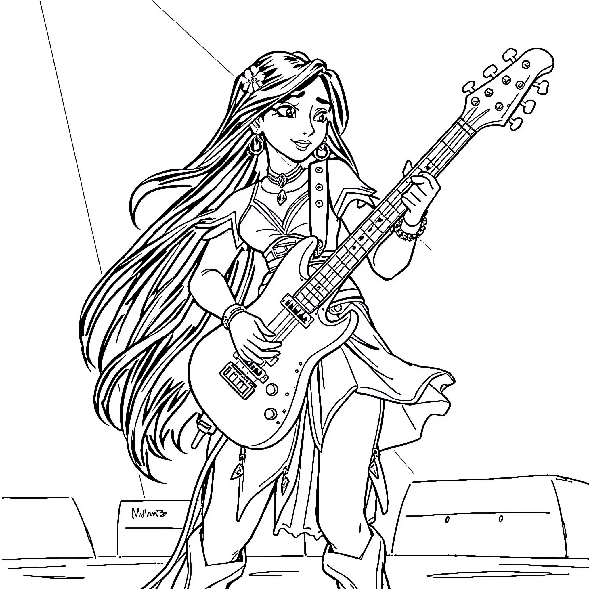 Mulan Playing Electric Guitar on Stage Coloring Page (free black-and-white line drawing printable PDF for all, from beginners to advanced learners, including children, teens, adults, and seniors)