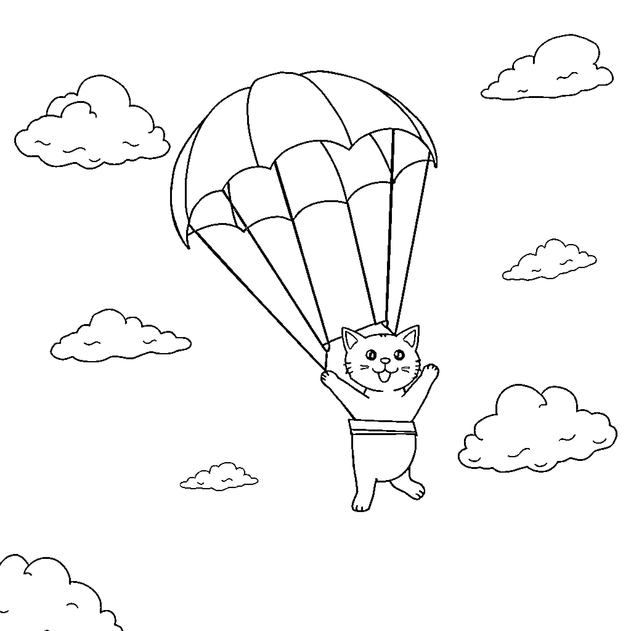 Cat soaring in a parachute through the clouds Coloring Page (free black-and-white line drawing printable PDF for all, from beginners to advanced learners, including children, teens, adults, and seniors)