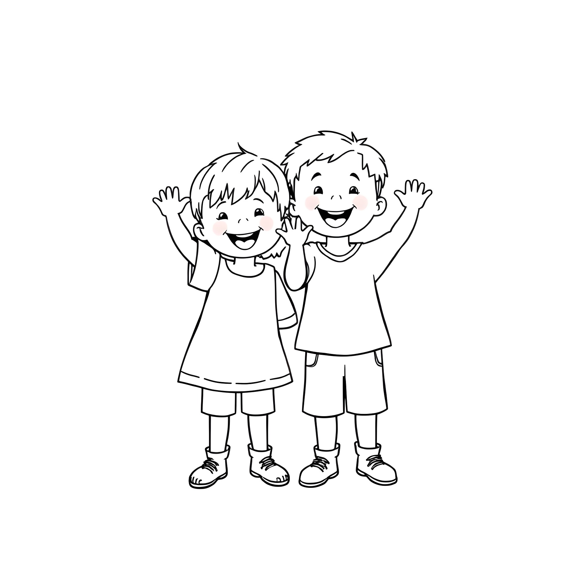 Kid friends waving and smiling happily Coloring Page (free black-and-white line drawing printable PDF for all, from beginners to advanced learners, including children, teens, adults, and seniors)