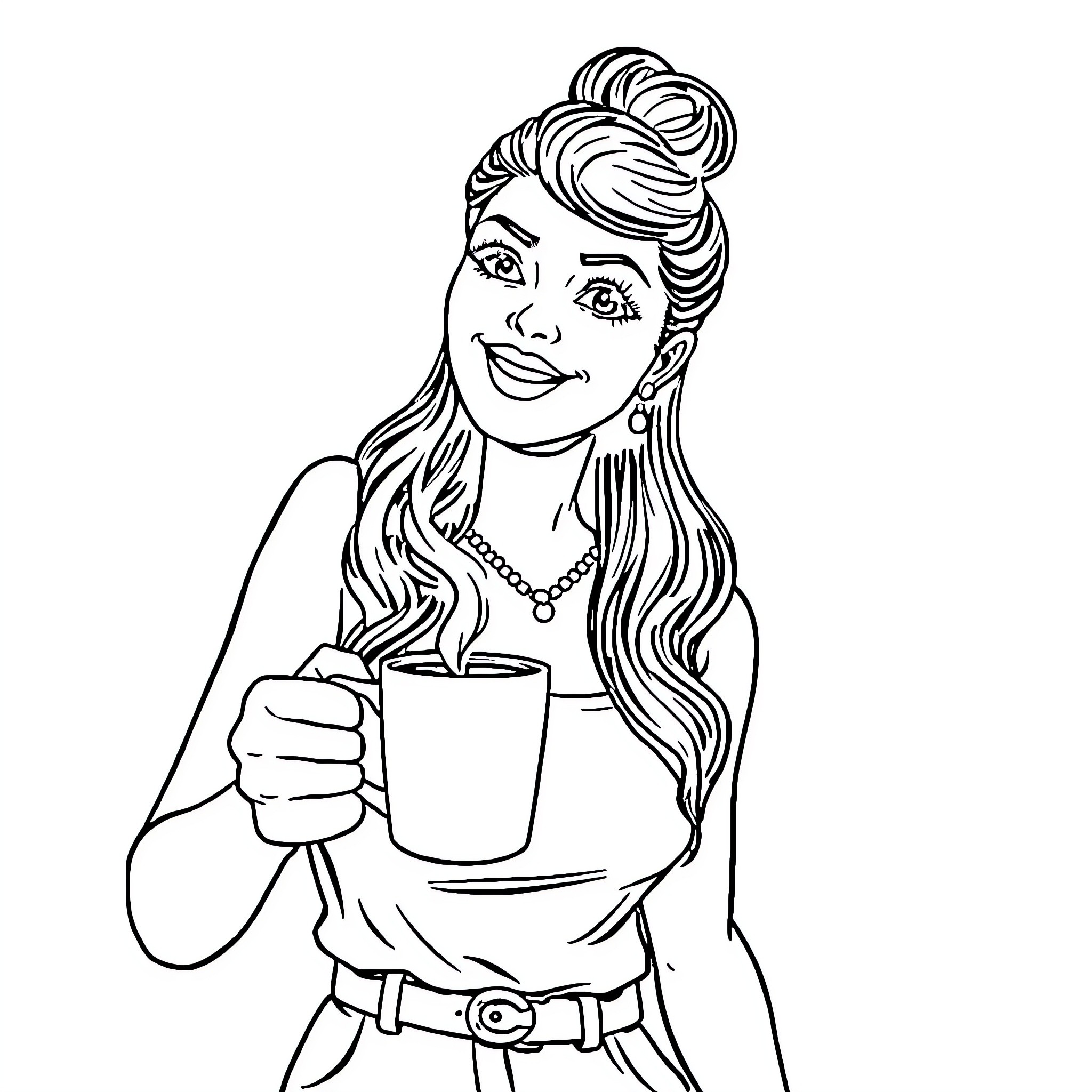 Mikki enjoying a warm beverage with a smile Coloring Page (free black-and-white line drawing printable PDF for all, from beginners to advanced learners, including children, teens, adults, and seniors)