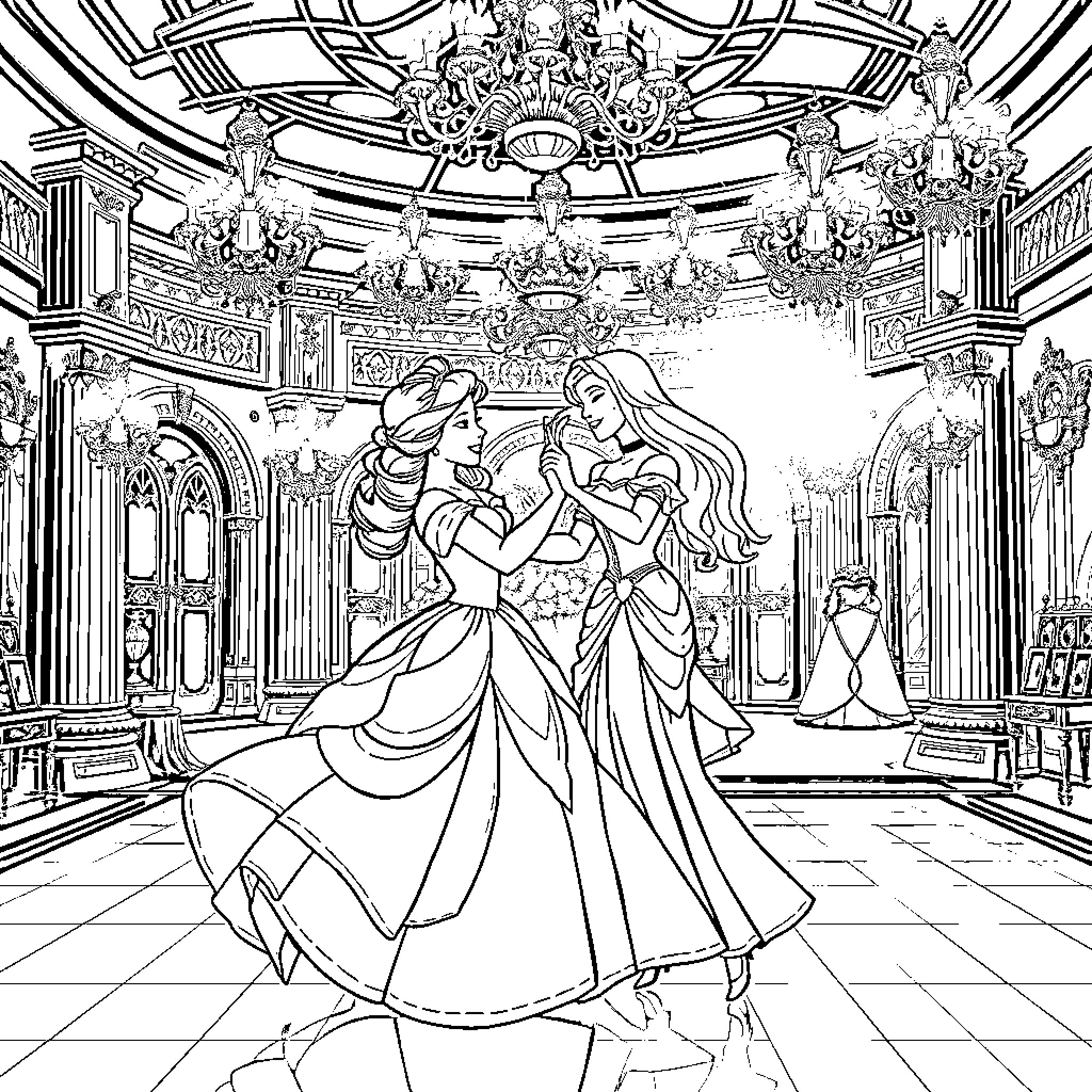 Belle's Enchanting Ball Dance in Regal Gowns Coloring Page (free black-and-white line drawing printable PDF for all, from beginners to advanced learners, including children, teens, adults, and seniors)