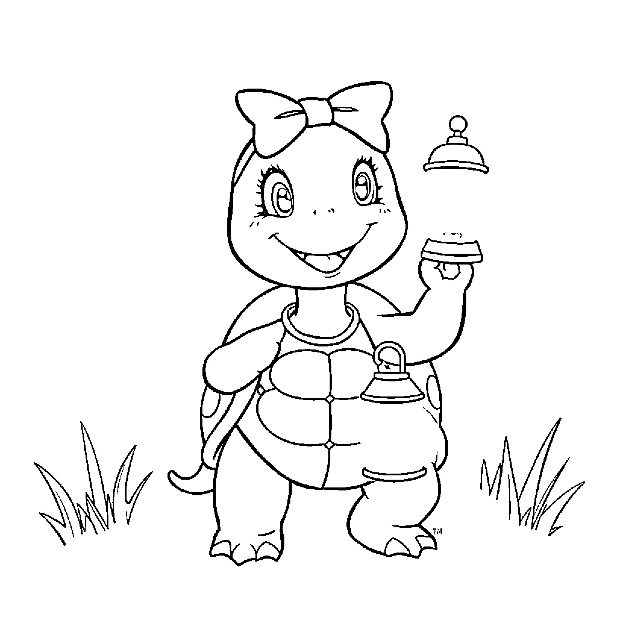Turtle wearing bow and carrying lamp Coloring Page (free black-and-white line drawing printable PDF for all, from beginners to advanced learners, including children, teens, adults, and seniors)