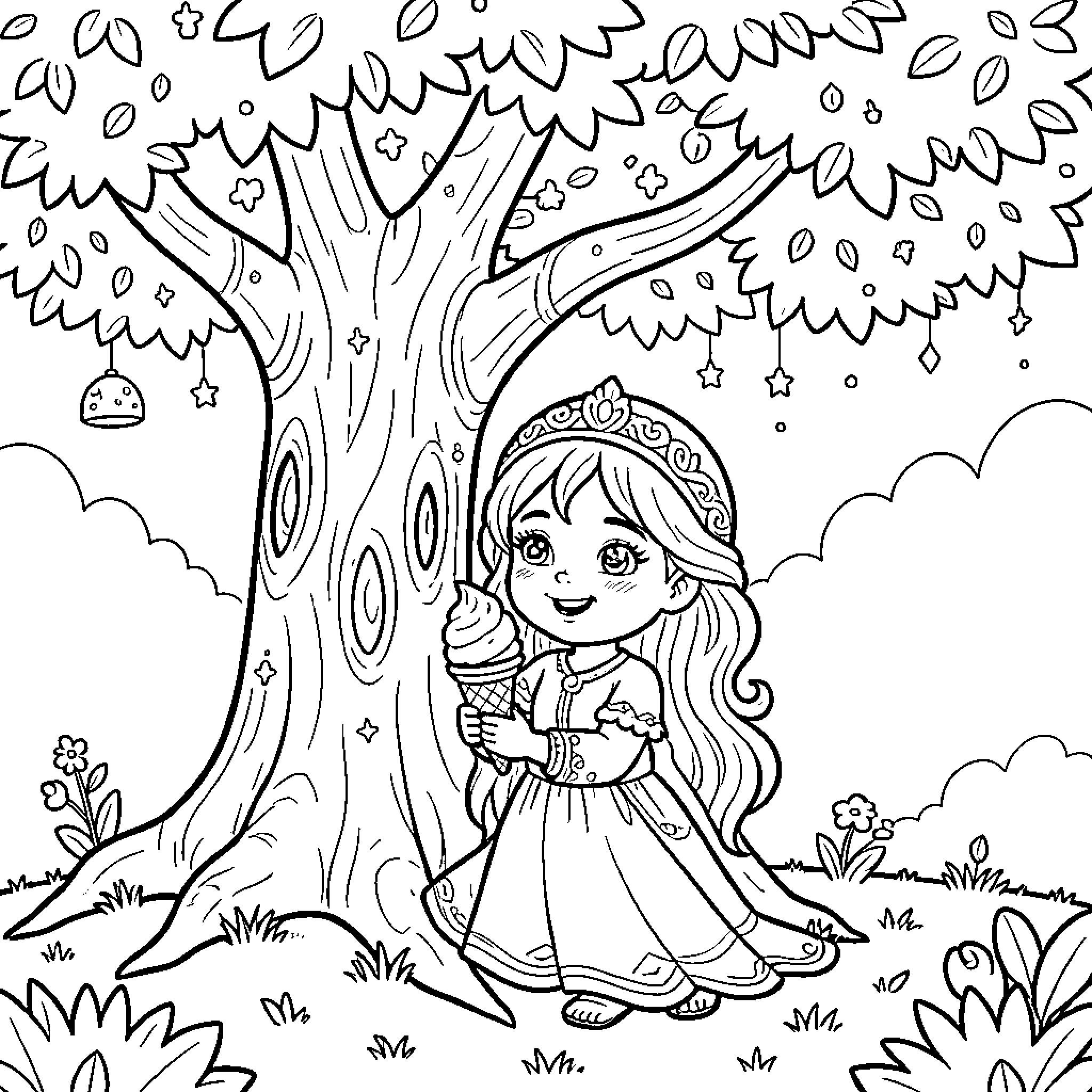Hada Princess in a Whimsical Forest Coloring Page (free black-and-white line drawing printable PDF for all, from beginners to advanced learners, including children, teens, adults, and seniors)