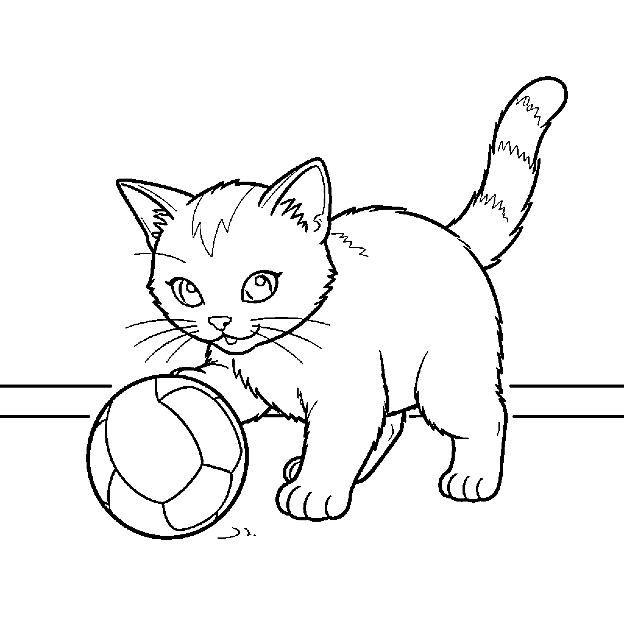 Gato playing with a ball on the floor Coloring Page (free black-and-white line drawing printable PDF for all, from beginners to advanced learners, including children, teens, adults, and seniors)