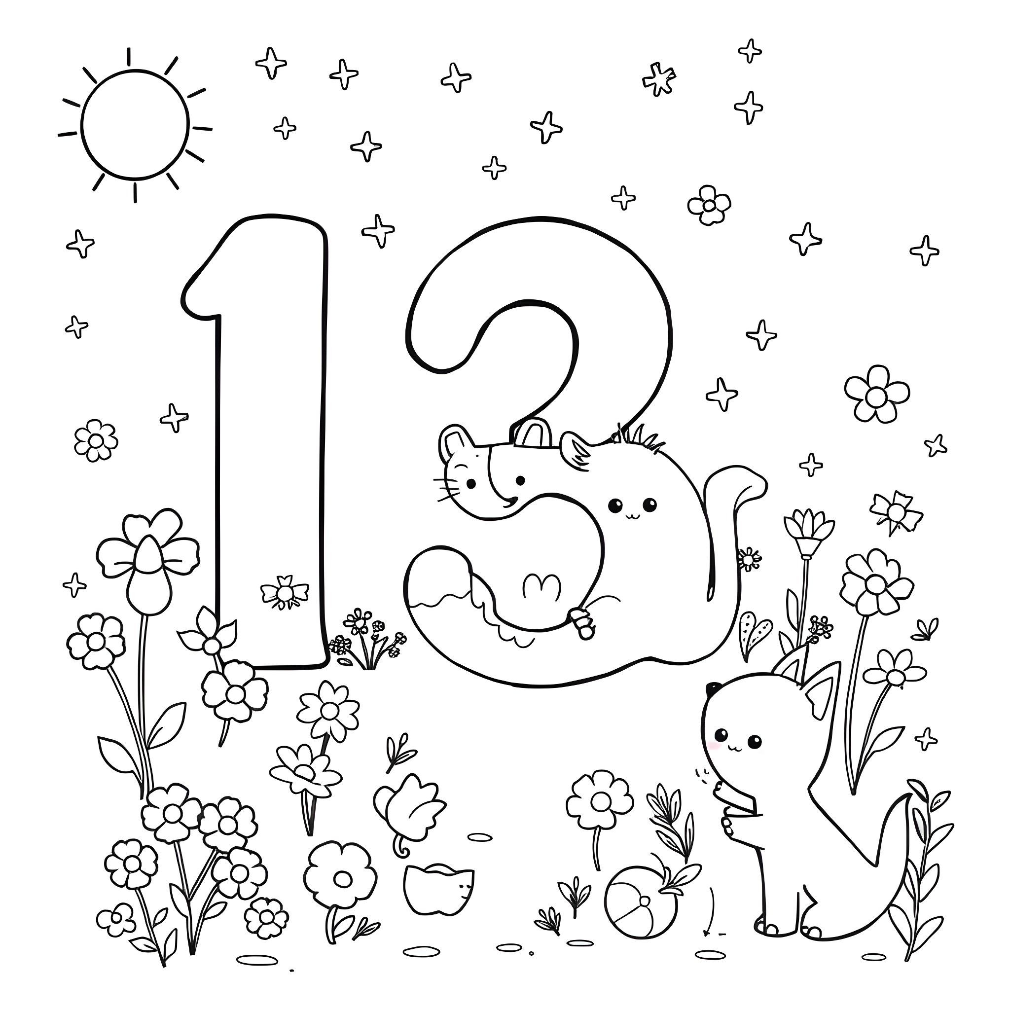Animal playing with flowers under the sun Coloring Page (free black-and-white line drawing printable PDF for all, from beginners to advanced learners, including children, teens, adults, and seniors)