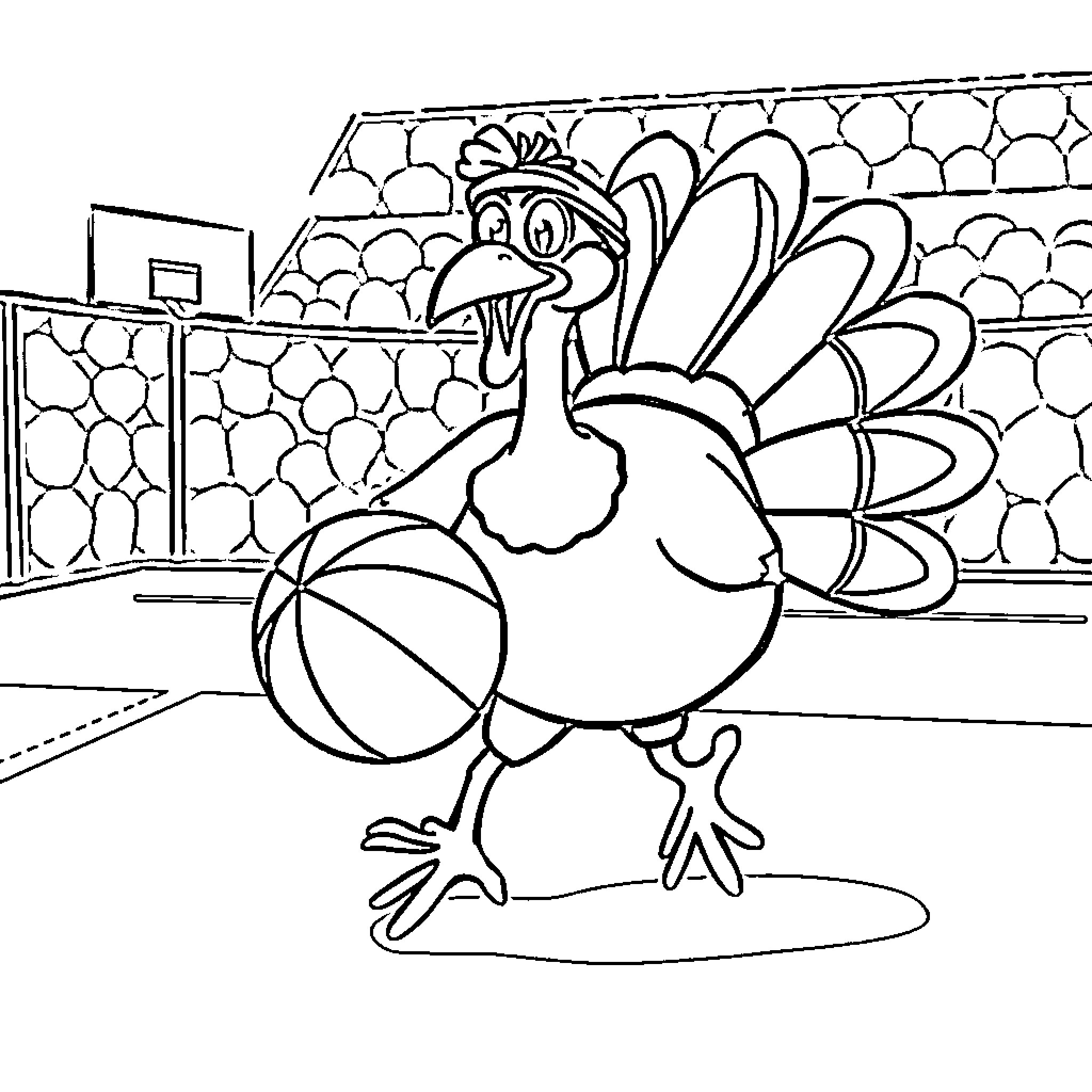 Turkey playing with a basketball in the gym Coloring Page (free black-and-white line drawing printable PDF for all, from beginners to advanced learners, including children, teens, adults, and seniors)
