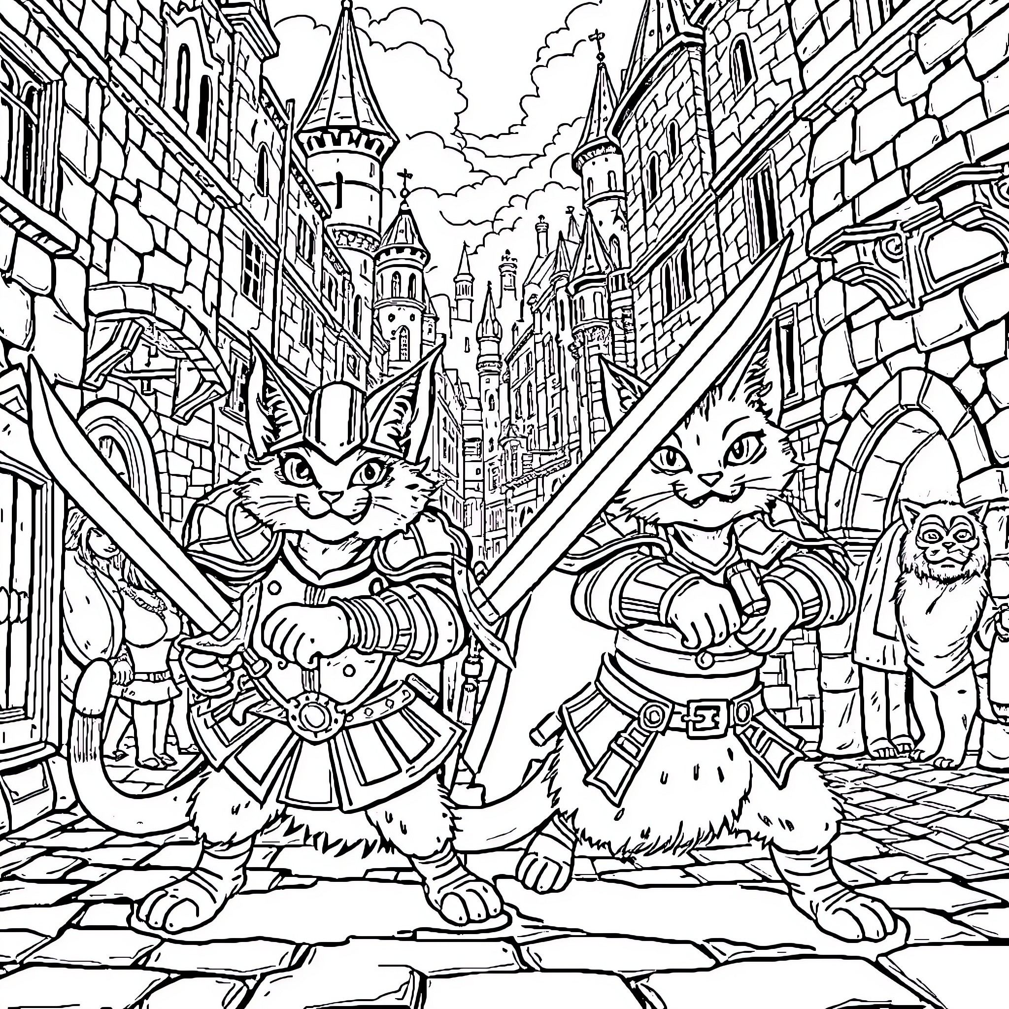 Cats in medieval warrior outfits on a fantasy city street Coloring Page (free black-and-white line drawing printable PDF for all, from beginners to advanced learners, including children, teens, adults, and seniors)