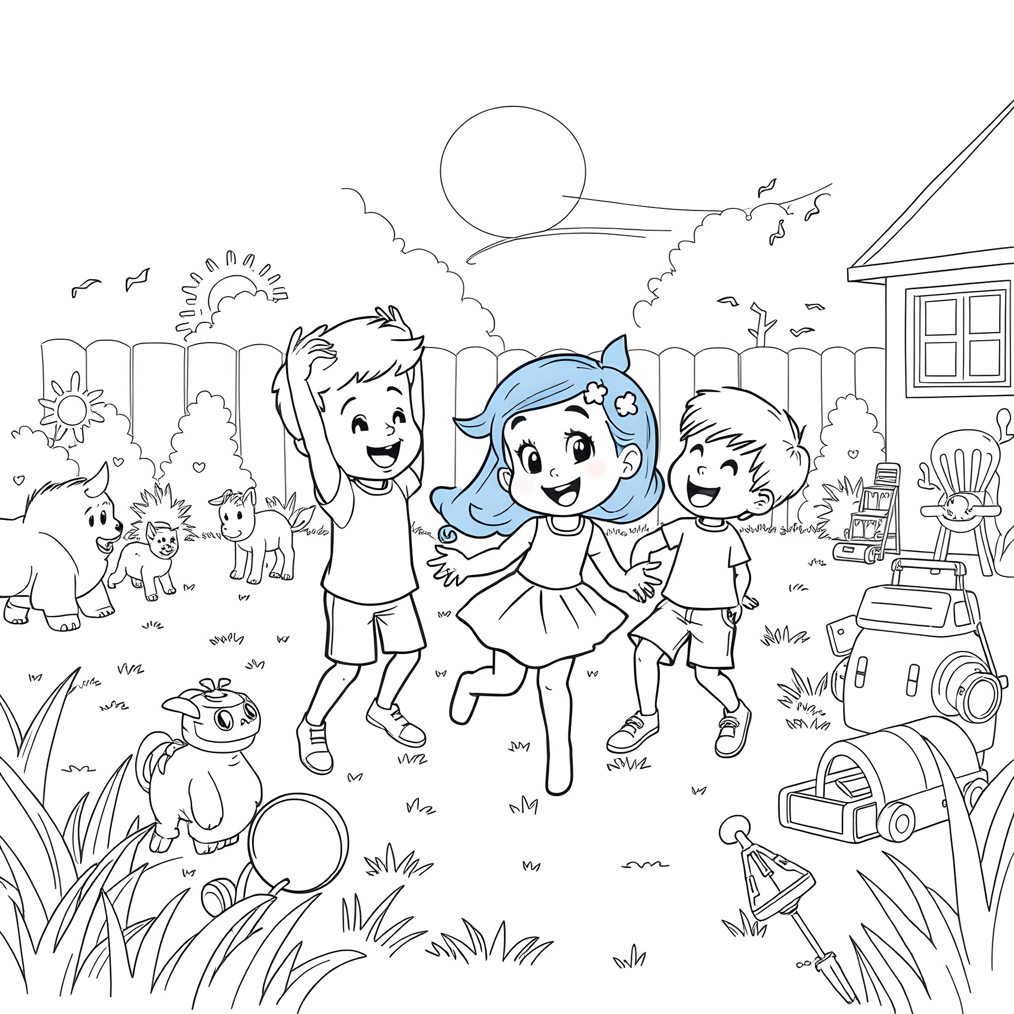 Bonnie Blue's Playful Adventure in the Countryside Coloring Page (free black-and-white line drawing printable PDF for all, from beginners to advanced learners, including children, teens, adults, and seniors)