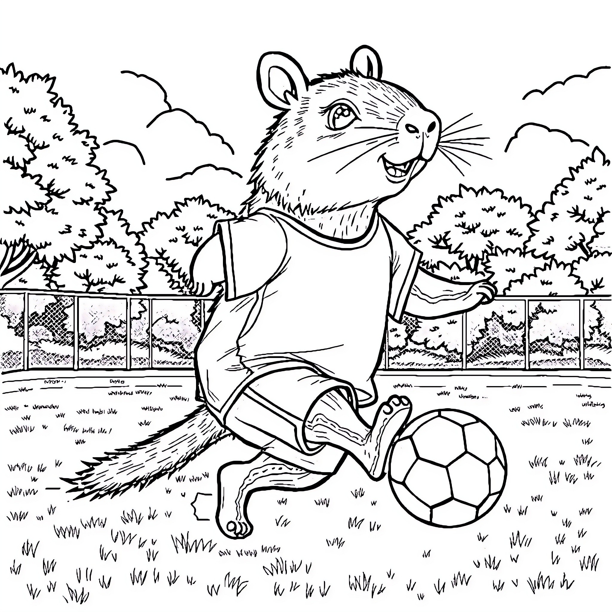 Capybara playing soccer in the park Coloring Page (free black-and-white line drawing printable PDF for all, from beginners to advanced learners, including children, teens, adults, and seniors)