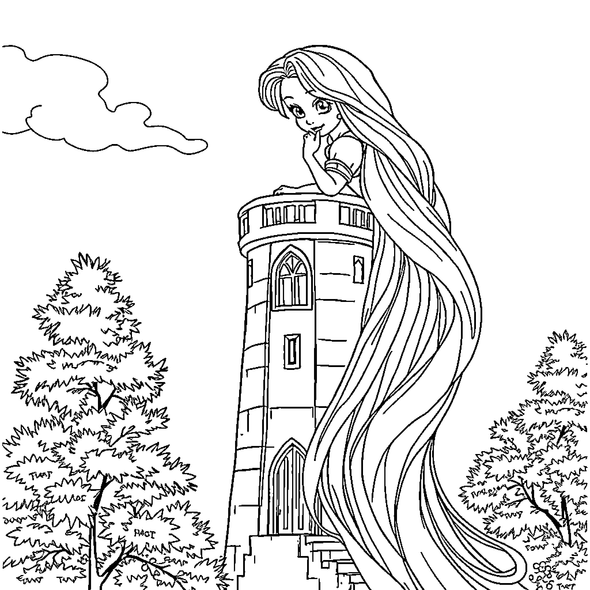 Rapunzel gazing out from the tower window Coloring Page (free black-and-white line drawing printable PDF for all, from beginners to advanced learners, including children, teens, adults, and seniors)