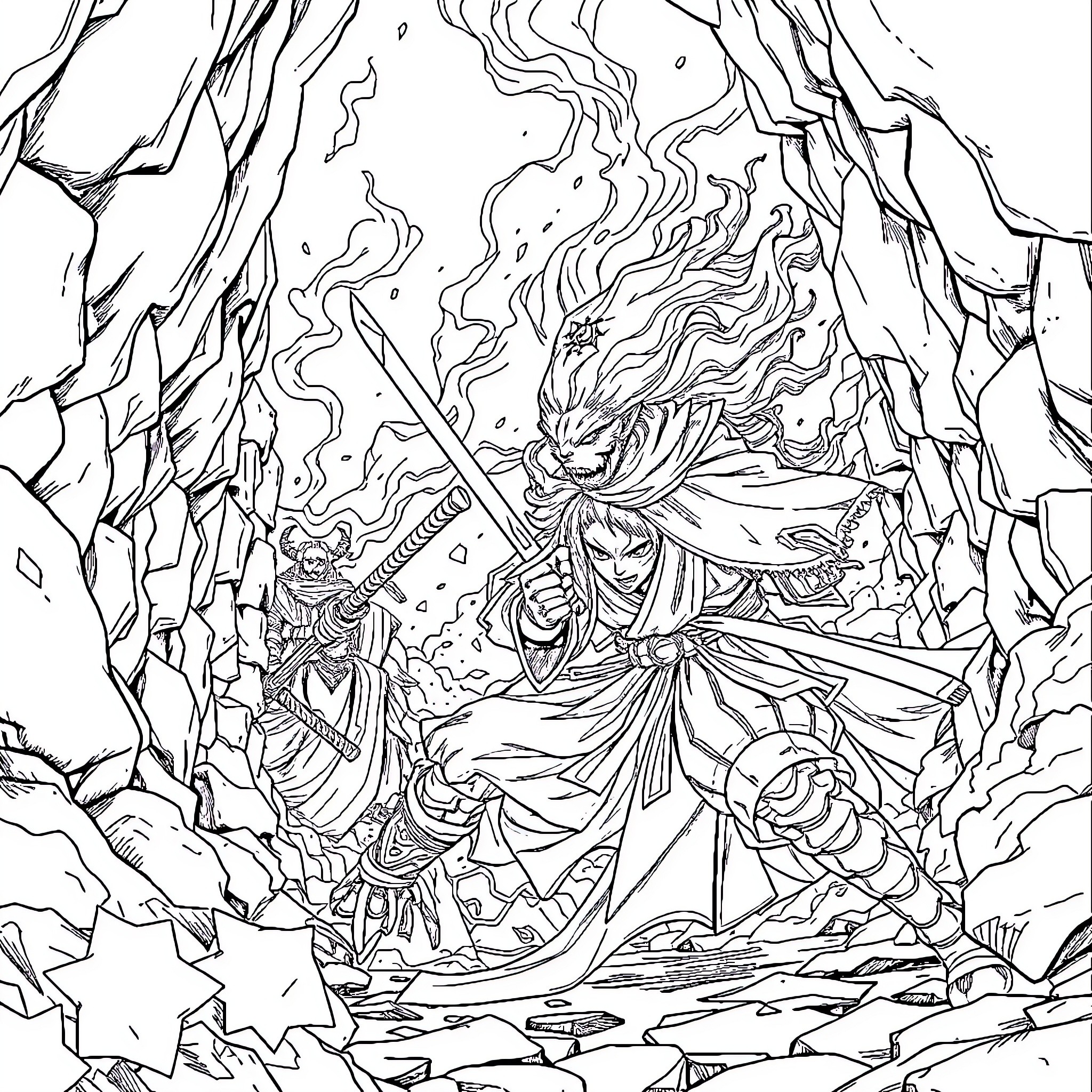 Muzan's Fiery Descent: Demon Lord's Wrath Unleashed Coloring Page (free black-and-white line drawing printable PDF for all, from beginners to advanced learners, including children, teens, adults, and seniors)