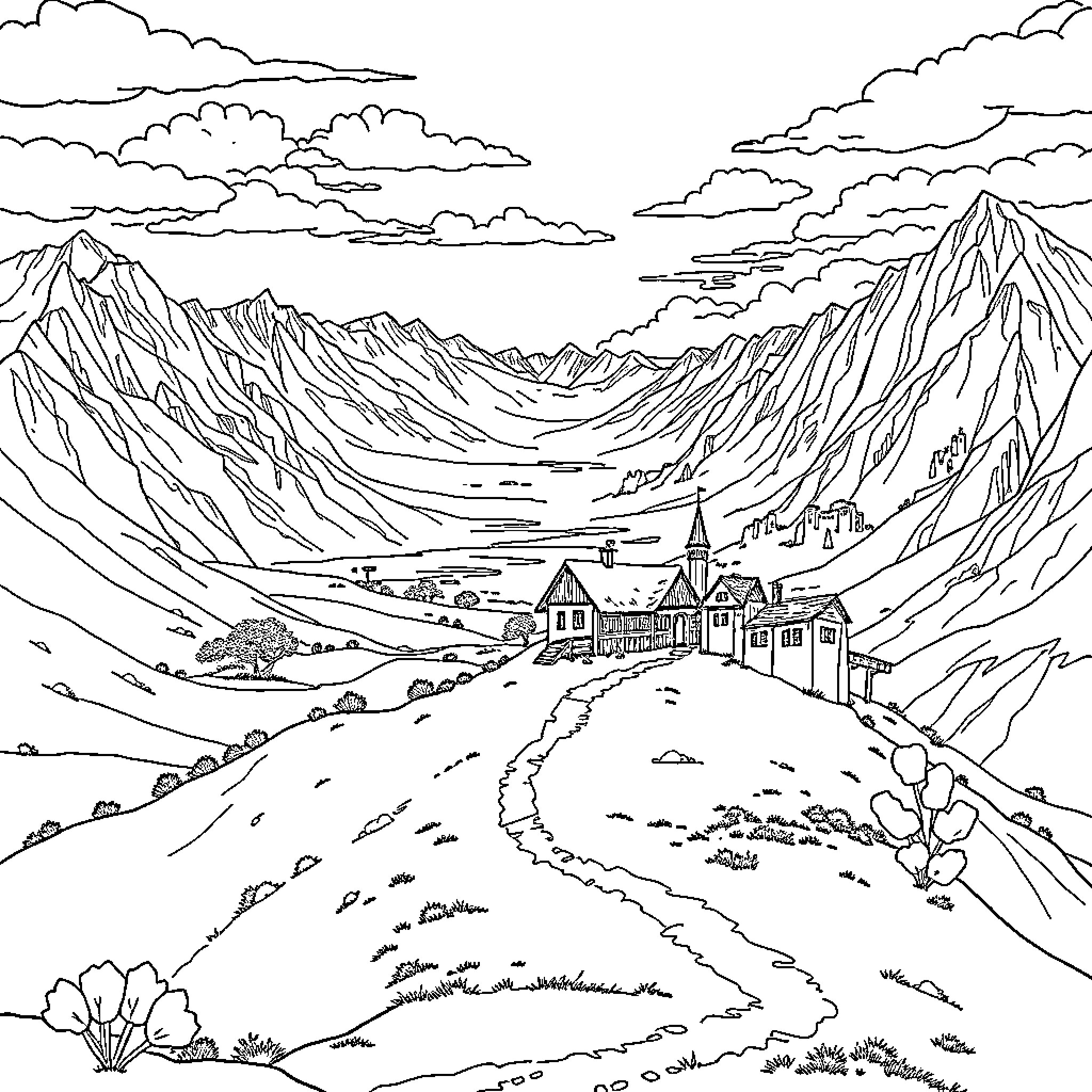 Inn nestled in majestic mountain landscape Coloring Page (free black-and-white line drawing printable PDF for all, from beginners to advanced learners, including children, teens, adults, and seniors)