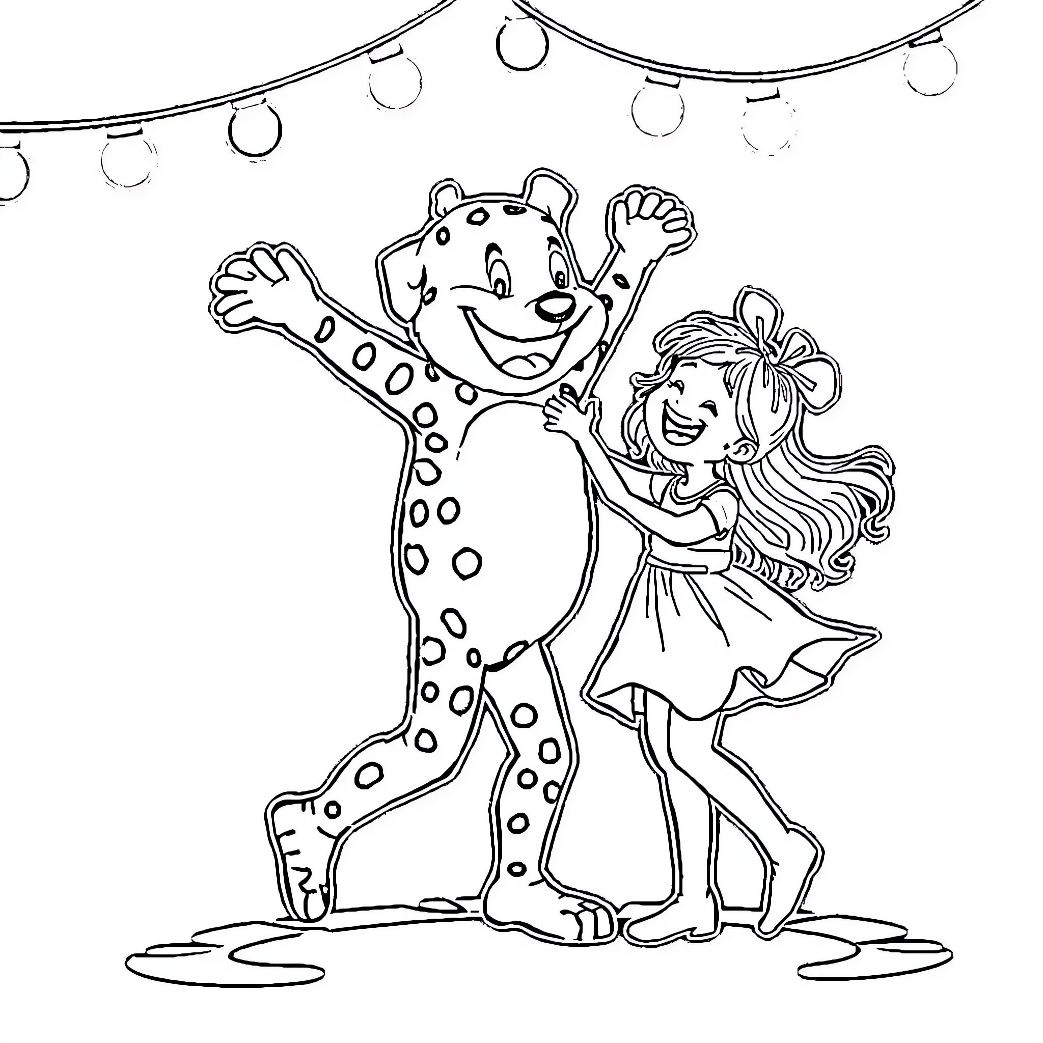 Labubu and the Delighted Girl at the Carnival Coloring Page (free black-and-white line drawing printable PDF for all, from beginners to advanced learners, including children, teens, adults, and seniors)