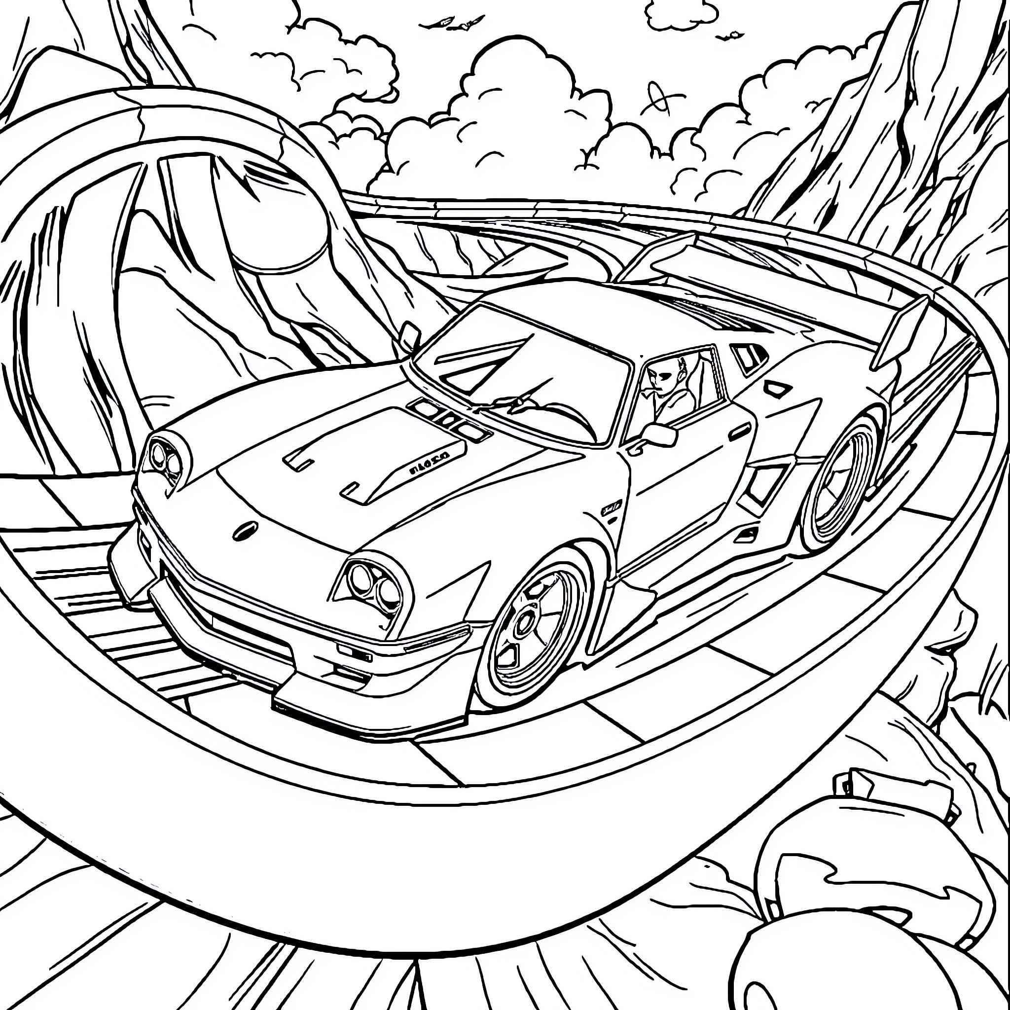 Hot Wheels Car Racing on a Winding Track Coloring Page (free black-and-white line drawing printable PDF for all, from beginners to advanced learners, including children, teens, adults, and seniors)