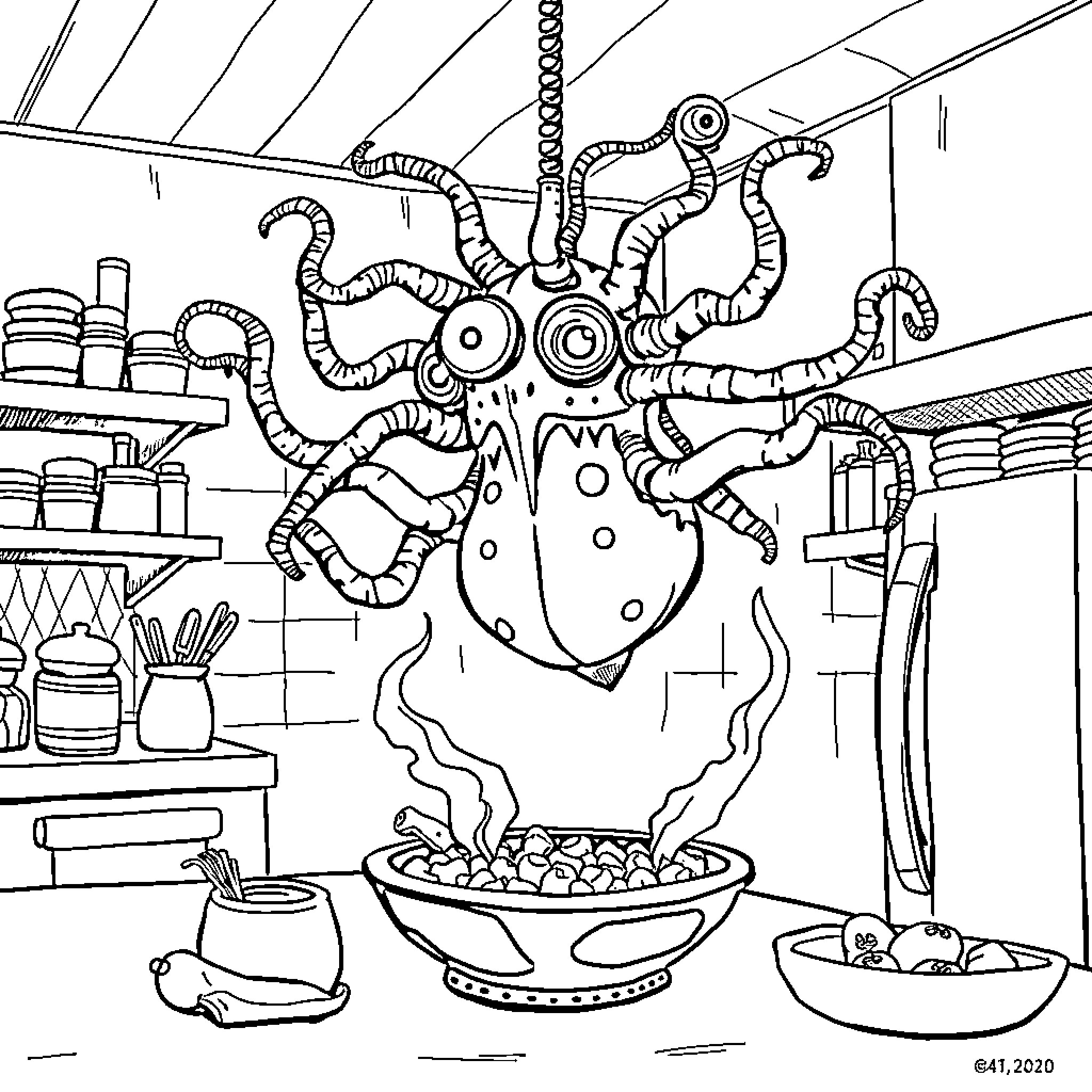Beholder creating a culinary masterpiece in the kitchen Coloring Page (free black-and-white line drawing printable PDF for all, from beginners to advanced learners, including children, teens, adults, and seniors)