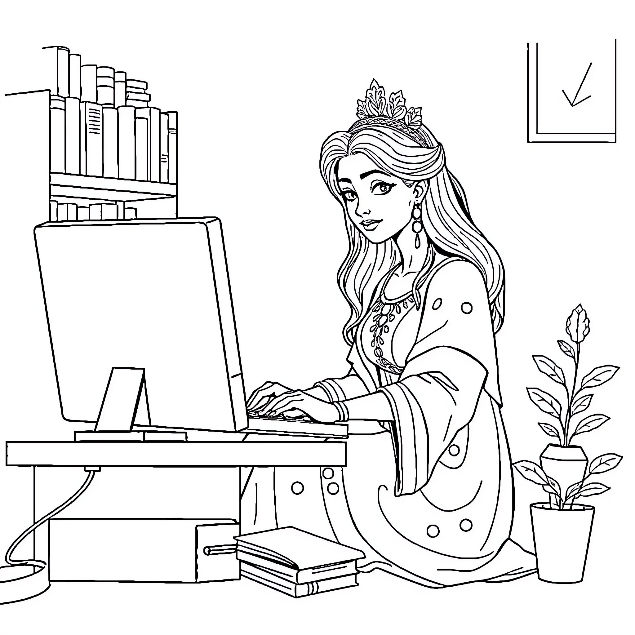 Cinderella Studying Diligently at Her Desk Coloring Page (free black-and-white line drawing printable PDF for all, from beginners to advanced learners, including children, teens, adults, and seniors)