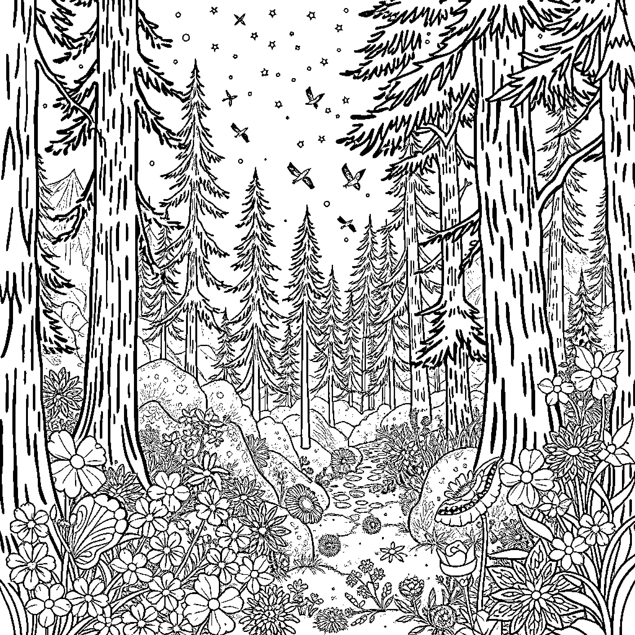 Fairy Forest Scene with Flowers and Snowfall Coloring Page (free black-and-white line drawing printable PDF for all, from beginners to advanced learners, including children, teens, adults, and seniors)