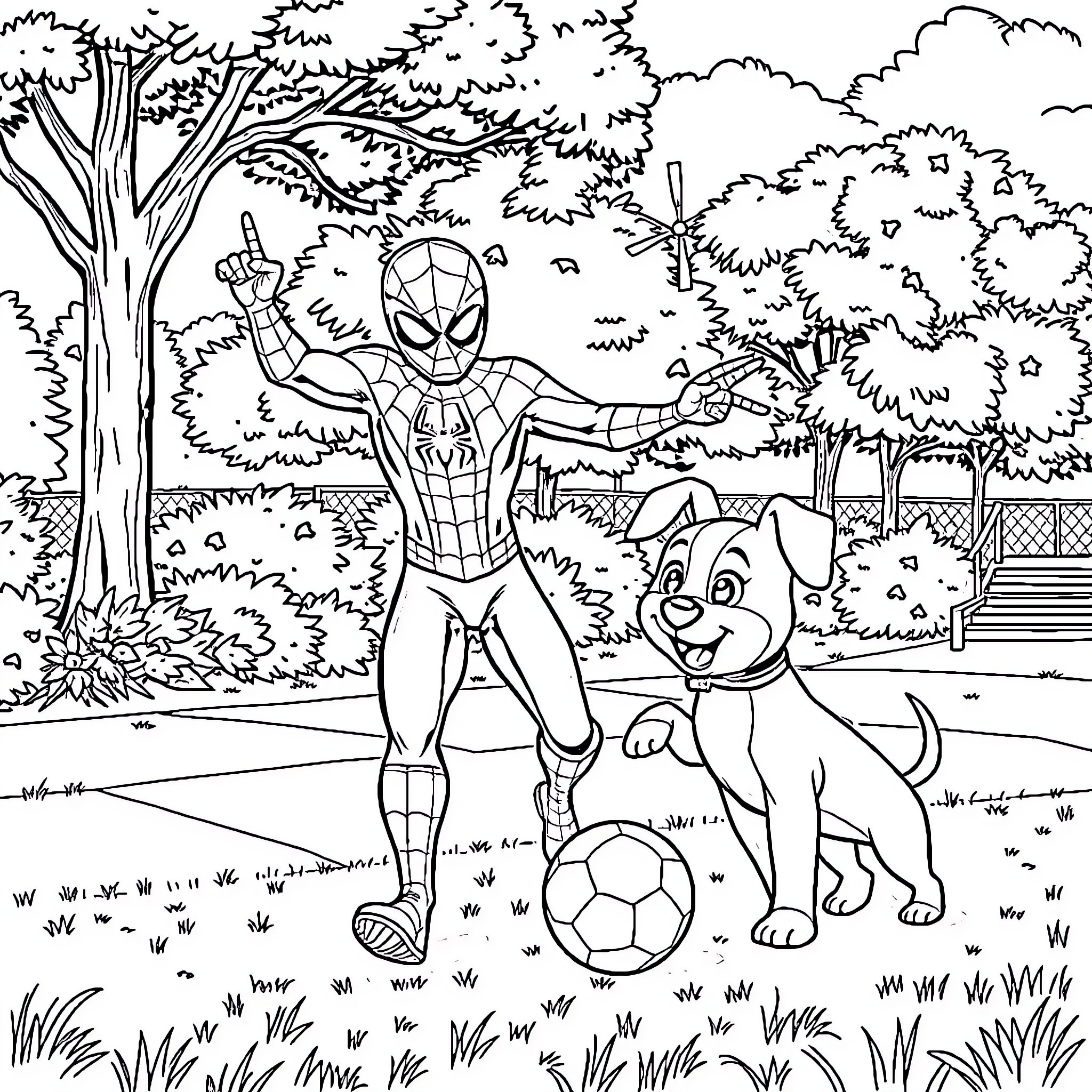 Spiderman playing soccer with a dog in the park Coloring Page (free black-and-white line drawing printable PDF for all, from beginners to advanced learners, including children, teens, adults, and seniors)