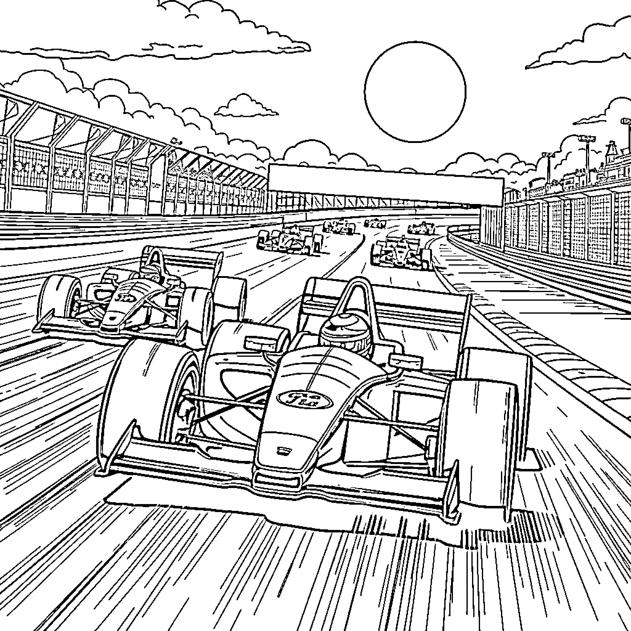 Formula One Cars Racing on the Track Coloring Page (free black-and-white line drawing printable PDF for all, from beginners to advanced learners, including children, teens, adults, and seniors)