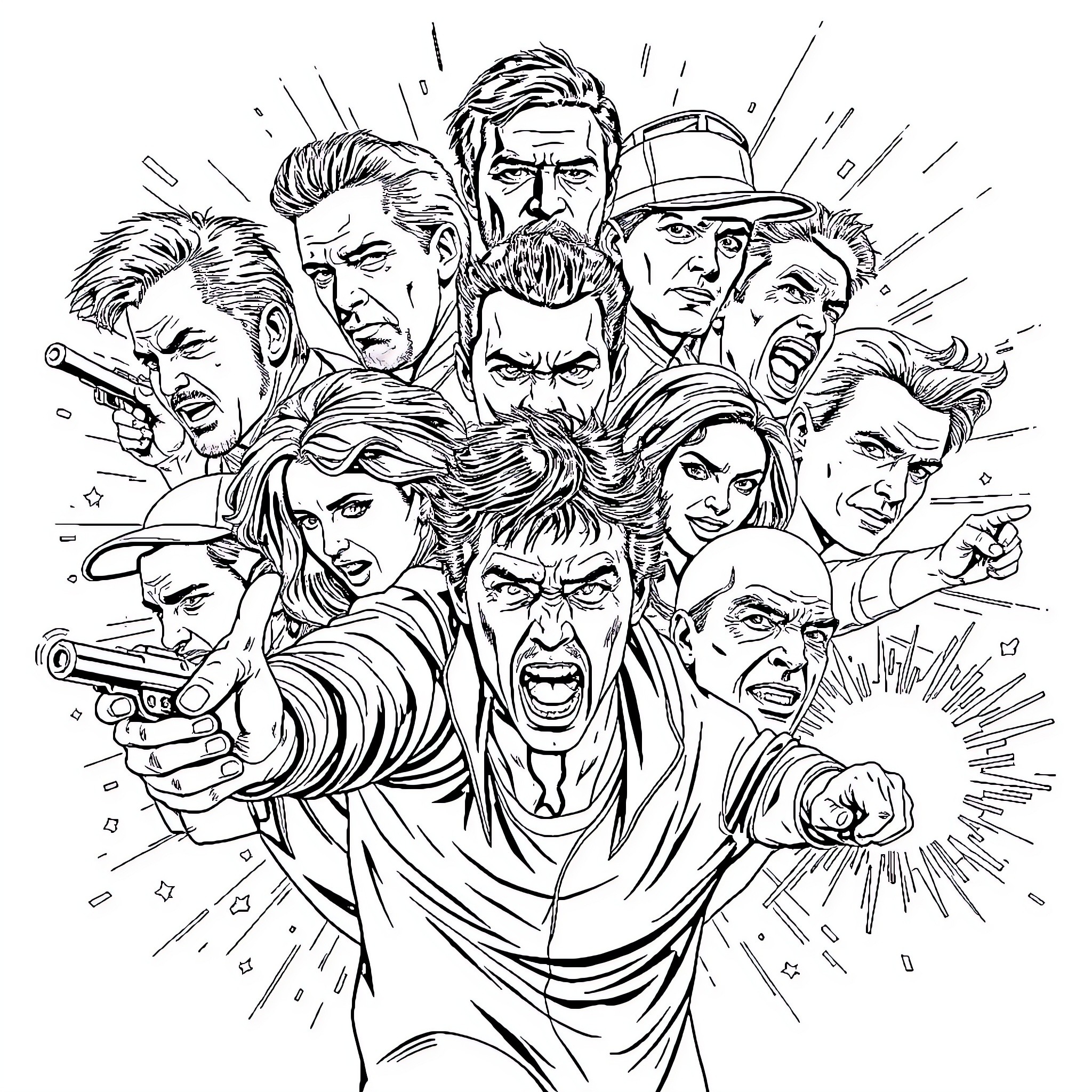 Celebrity Action-Packed Ensemble Cast Portrait Coloring Page (free black-and-white line drawing printable PDF for all, from beginners to advanced learners, including children, teens, adults, and seniors)