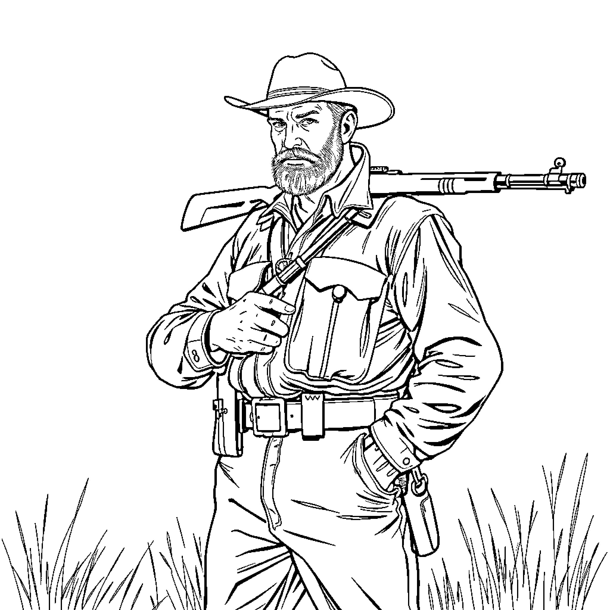 Richard Dick Sharpe posing with rifle in rugged attire Coloring Page (free black-and-white line drawing printable PDF for all, from beginners to advanced learners, including children, teens, adults, and seniors)