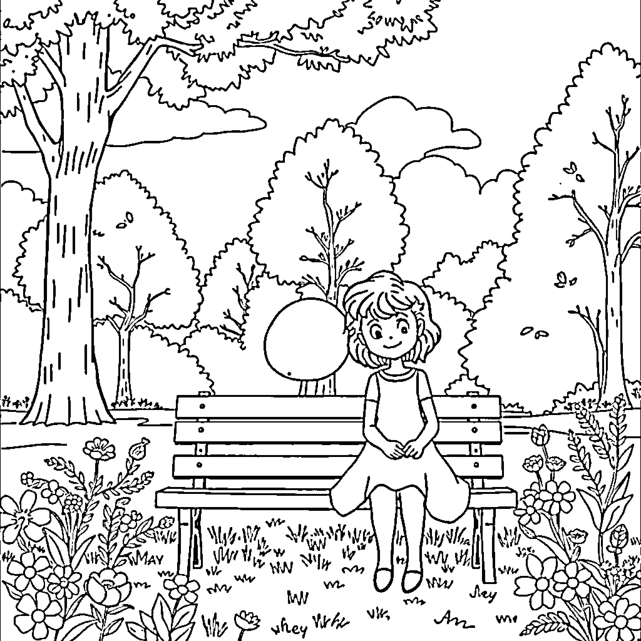 Poppy enjoying the tranquil park scenery Coloring Page (free black-and-white line drawing printable PDF for all, from beginners to advanced learners, including children, teens, adults, and seniors)