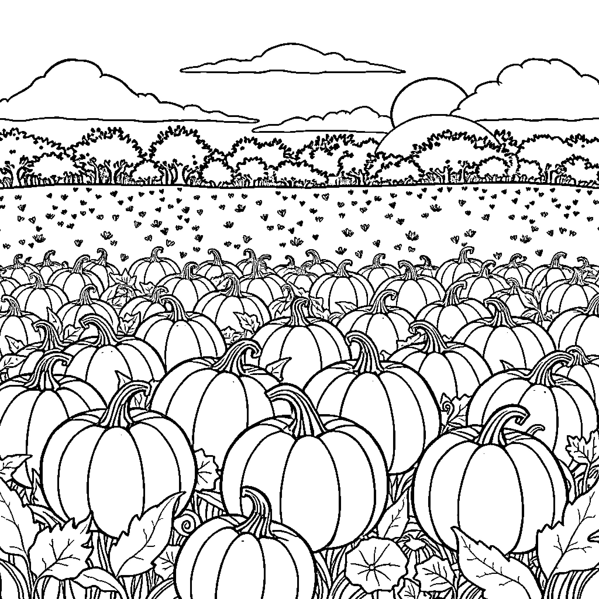 Pumpkin Patch Panorama Coloring Page (free black-and-white line drawing printable PDF for all, from beginners to advanced learners, including children, teens, adults, and seniors)