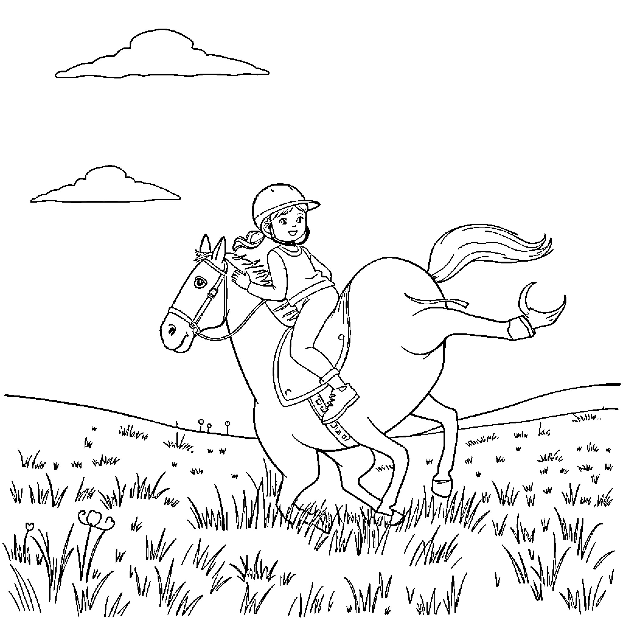 Girl riding a horse through the countryside Coloring Page (free black-and-white line drawing printable PDF for all, from beginners to advanced learners, including children, teens, adults, and seniors)