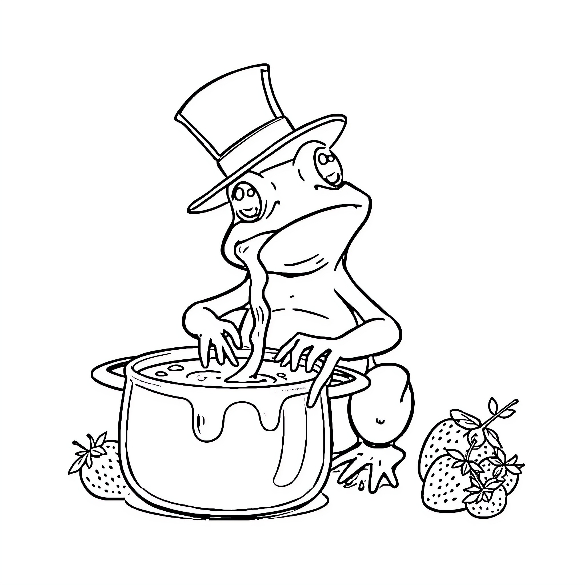 Toad in a Fancy Hat Enjoying a Pot of Treats Coloring Page (free black-and-white line drawing printable PDF for all, from beginners to advanced learners, including children, teens, adults, and seniors)