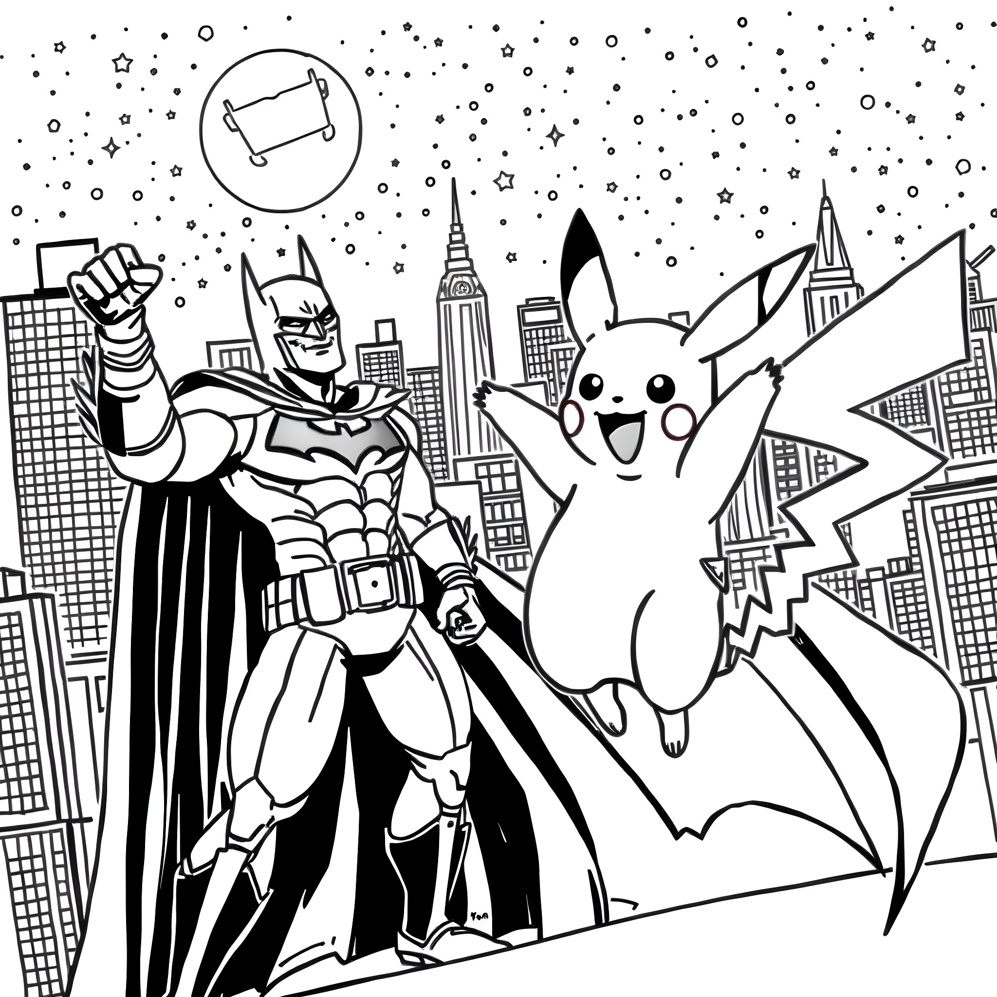 Pikachu and Batman Exploring the City Coloring Page (free black-and-white line drawing printable PDF for all, from beginners to advanced learners, including children, teens, adults, and seniors)