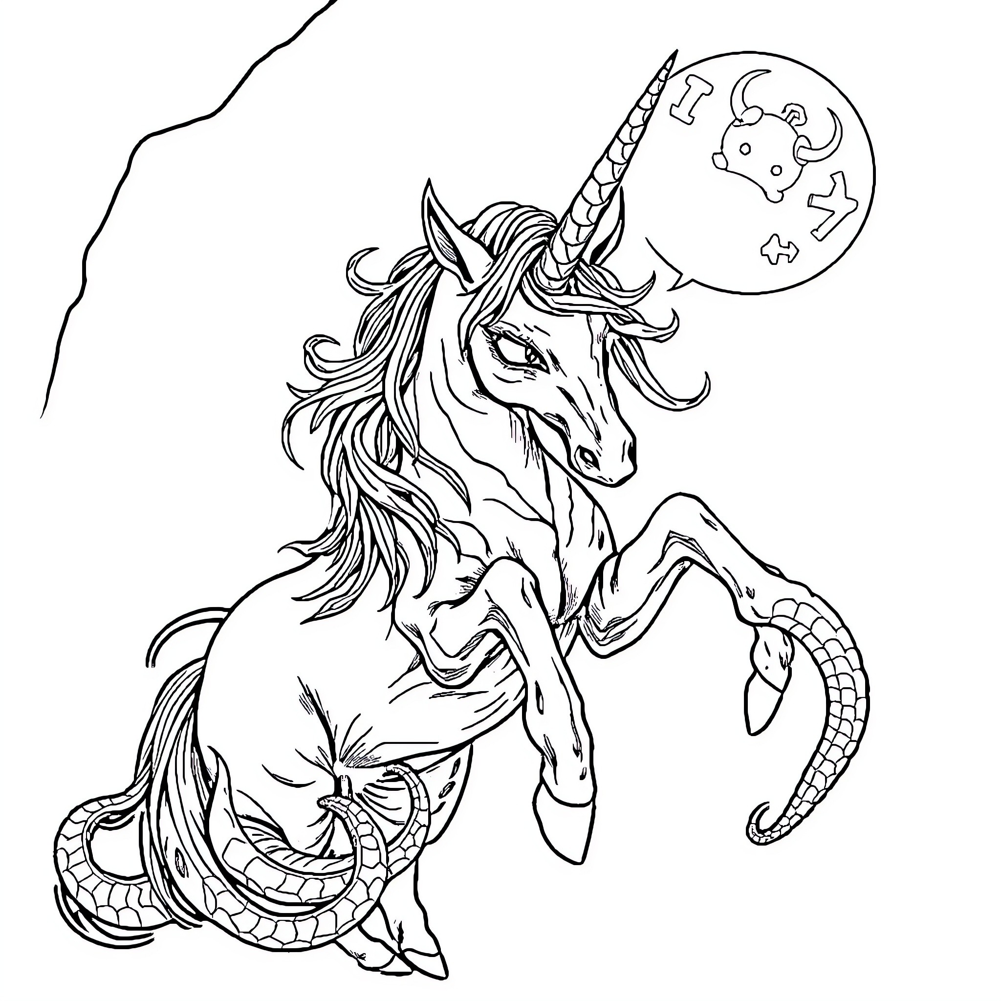 Unicorn gazing at the moon with snake-like tail Coloring Page (free black-and-white line drawing printable PDF for all, from beginners to advanced learners, including children, teens, adults, and seniors)