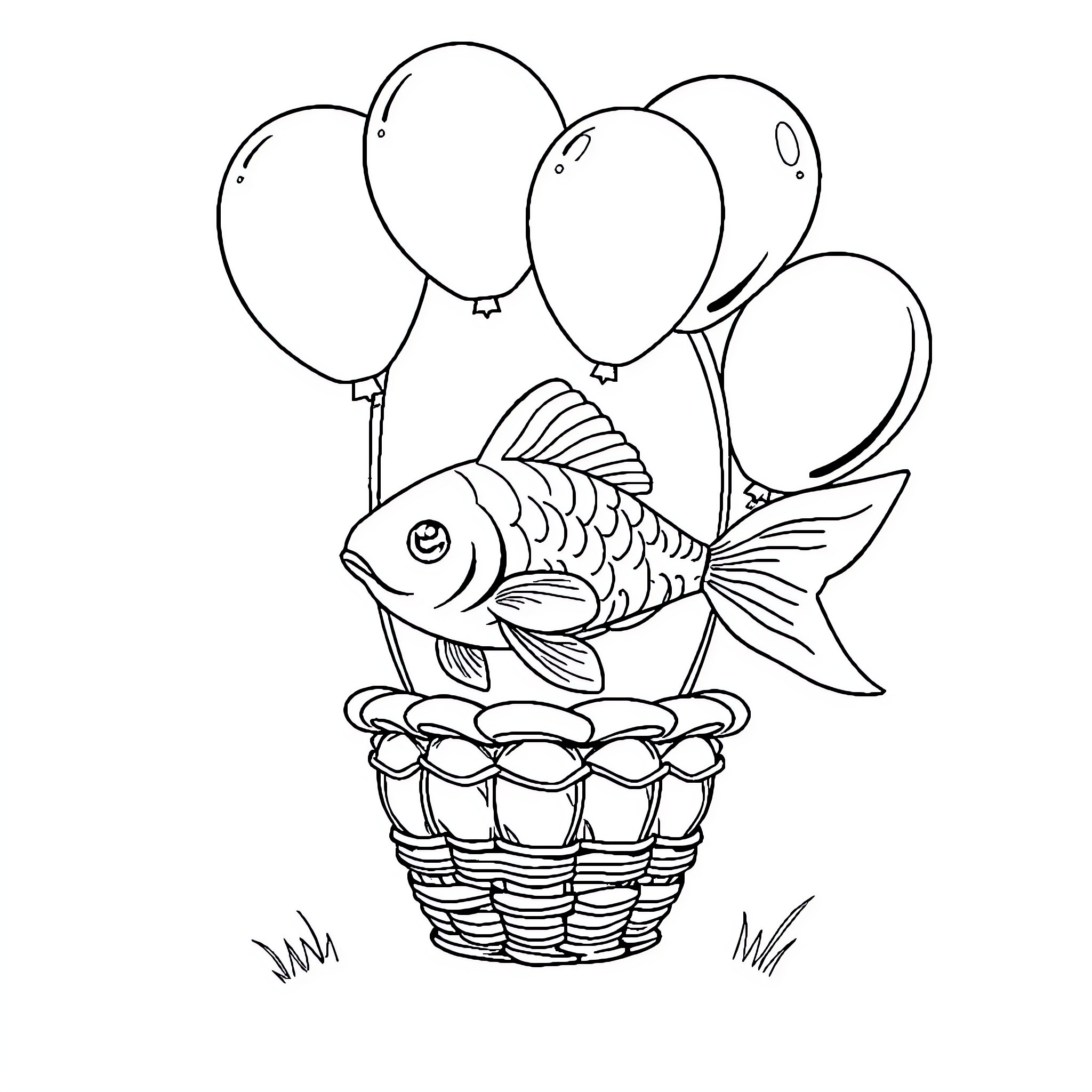 Balloon fish floating in a basket with balloons Coloring Page (free black-and-white line drawing printable PDF for all, from beginners to advanced learners, including children, teens, adults, and seniors)
