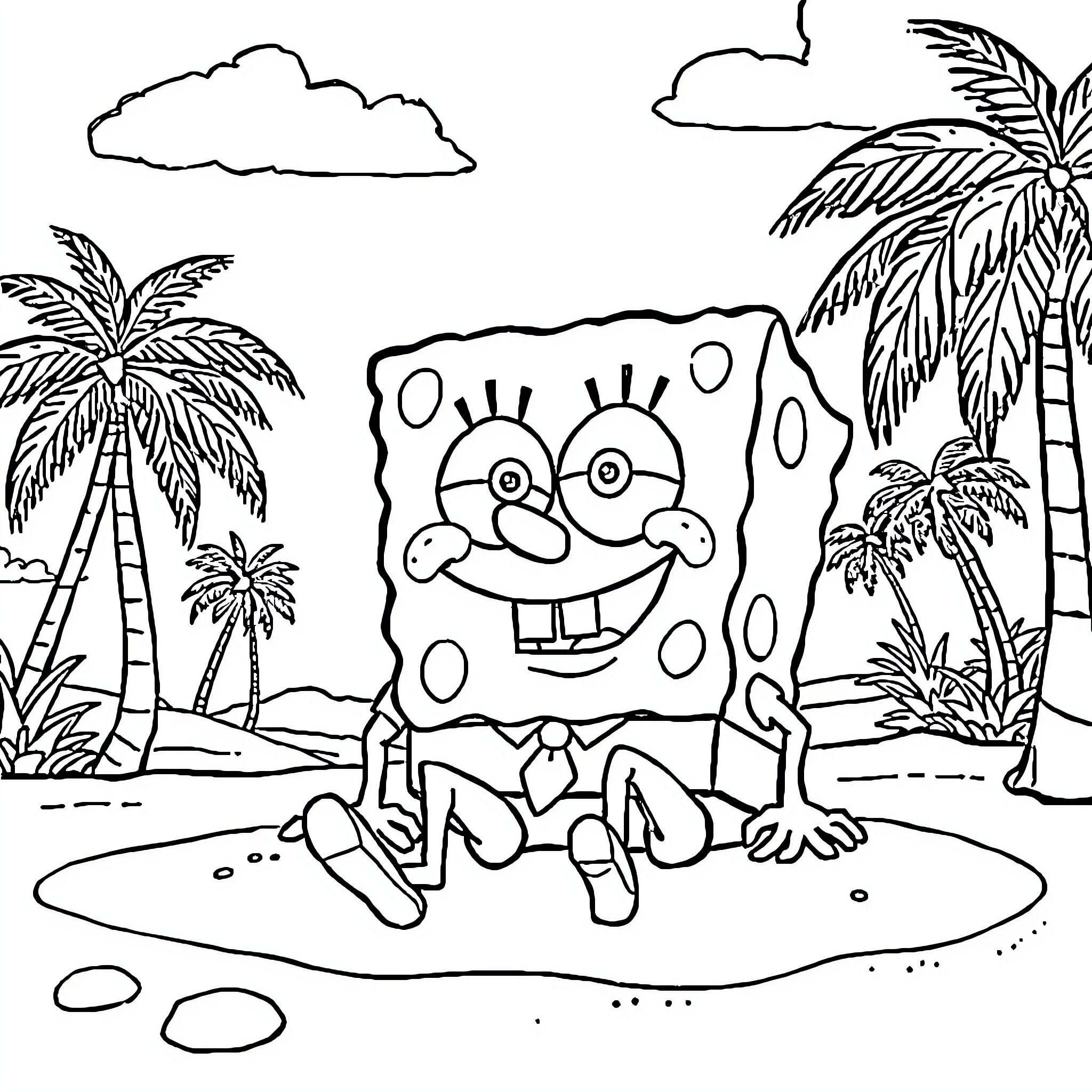 Spongebob enjoying a sunny day on the beach Coloring Page (free black-and-white line drawing printable PDF for all, from beginners to advanced learners, including children, teens, adults, and seniors)