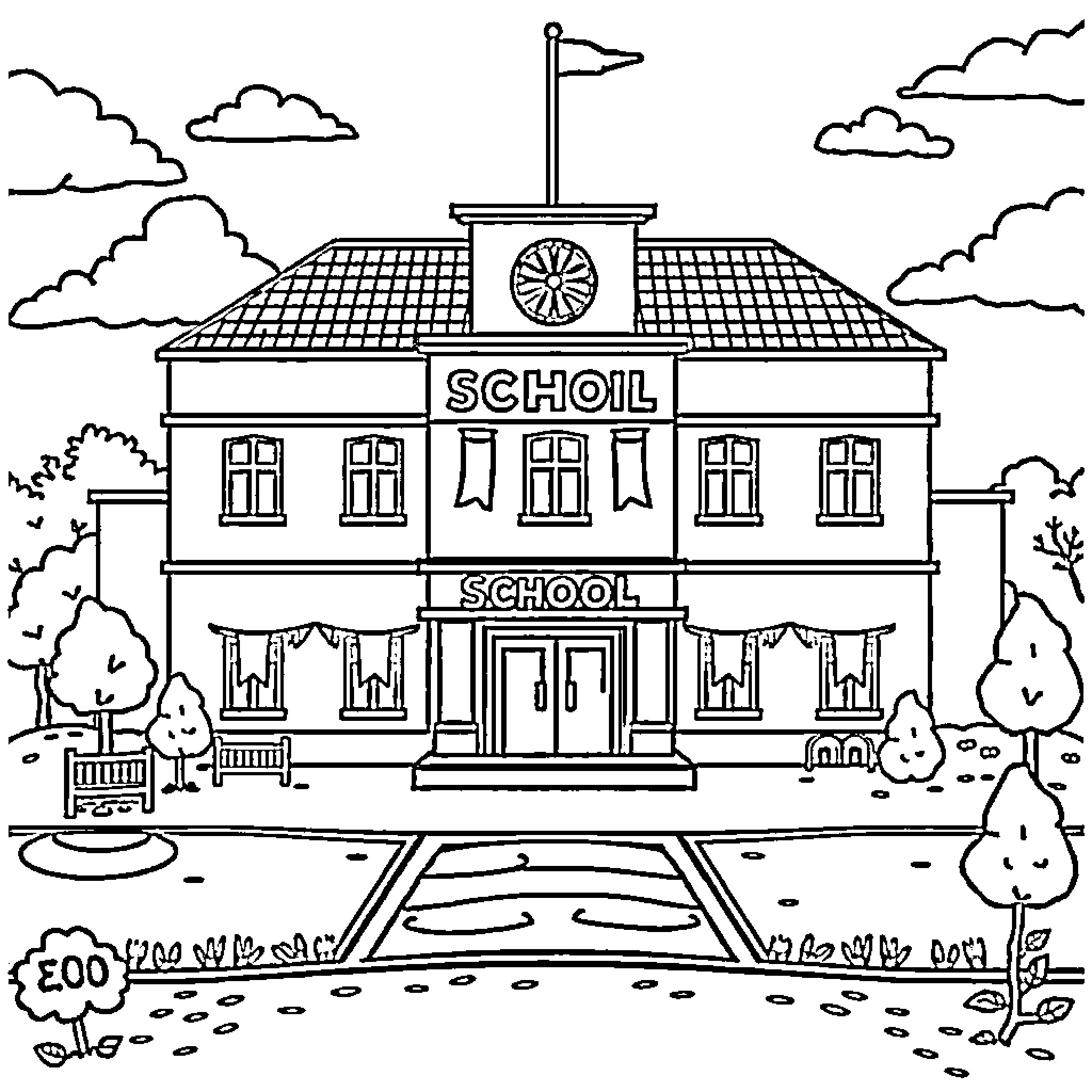 School building with flags and clouds Coloring Page (free black-and-white line drawing printable PDF for all, from beginners to advanced learners, including children, teens, adults, and seniors)