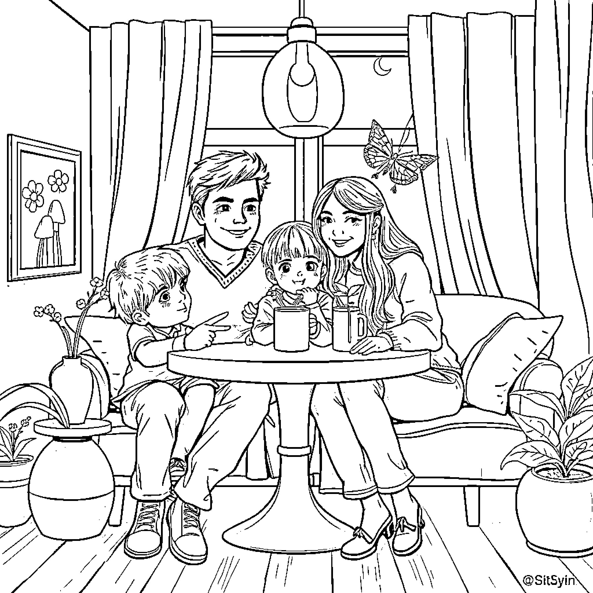 Rodzina enjoying a cozy family moment Coloring Page (free black-and-white line drawing printable PDF for all, from beginners to advanced learners, including children, teens, adults, and seniors)
