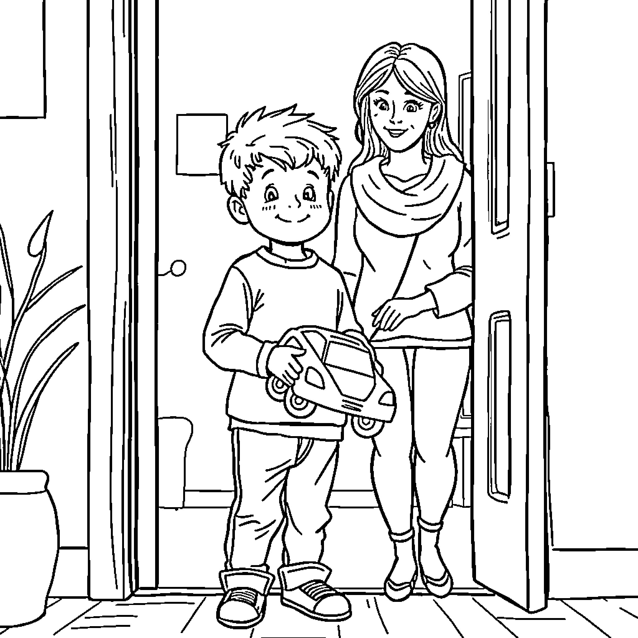 Boy playing with toy car while mother watches Coloring Page (free black-and-white line drawing printable PDF for all, from beginners to advanced learners, including children, teens, adults, and seniors)
