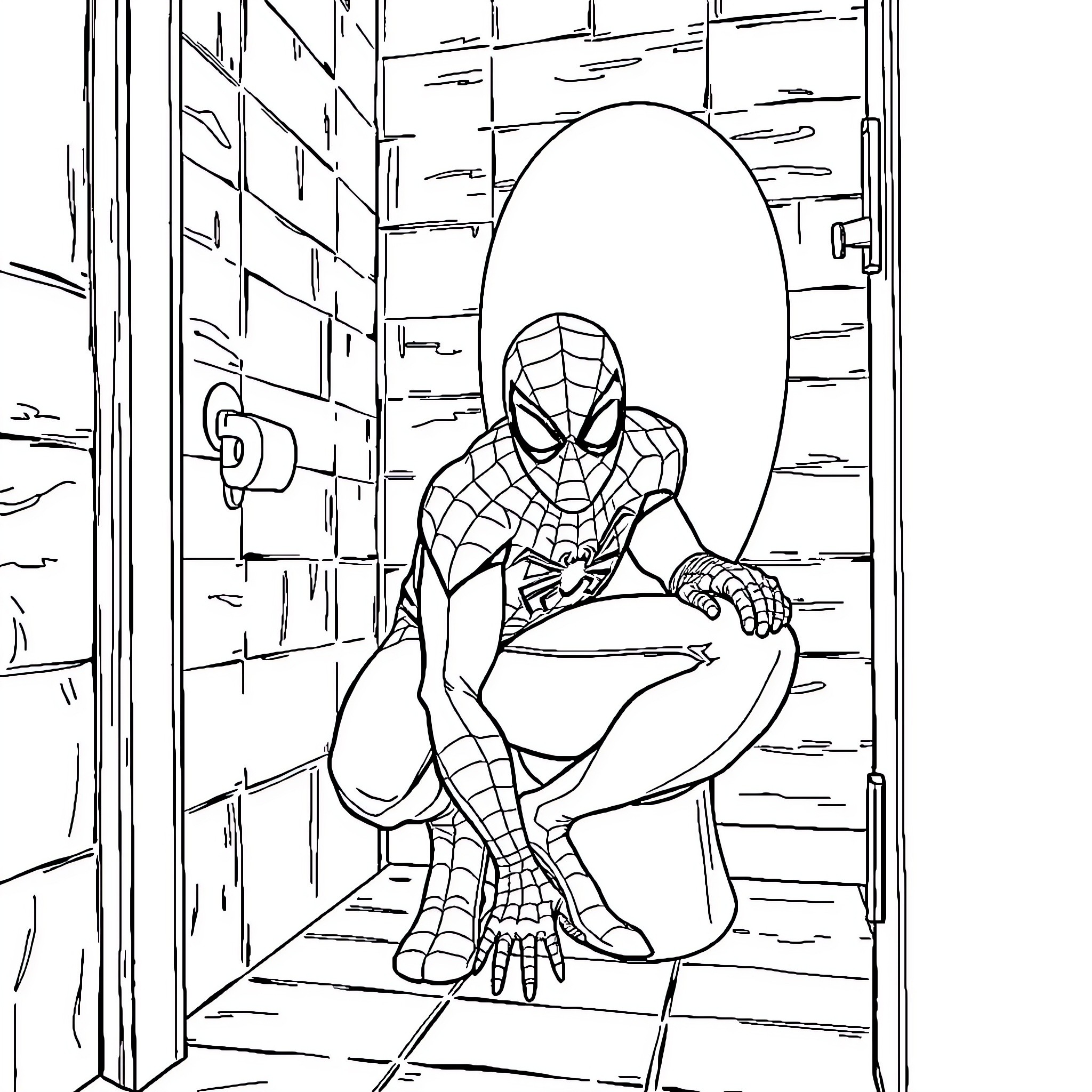 Spiderman crouching in dark alleyway Coloring Page (free black-and-white line drawing printable PDF for all, from beginners to advanced learners, including children, teens, adults, and seniors)