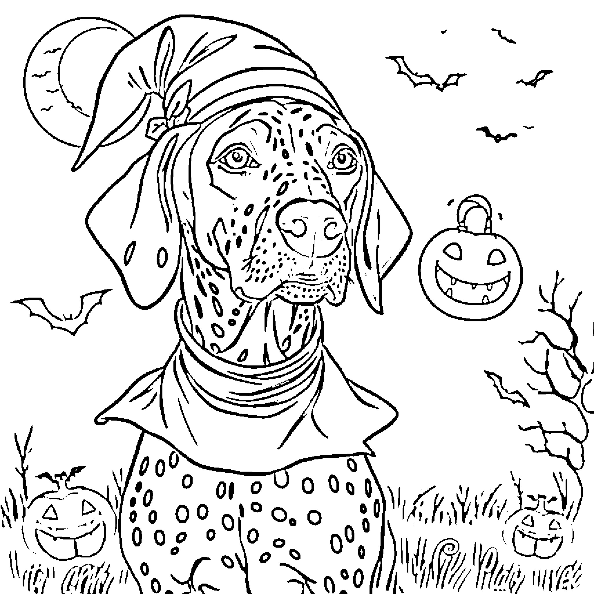 German Shorthair Pointer in Halloween Costume Coloring Page (free black-and-white line drawing printable PDF for all, from beginners to advanced learners, including children, teens, adults, and seniors)