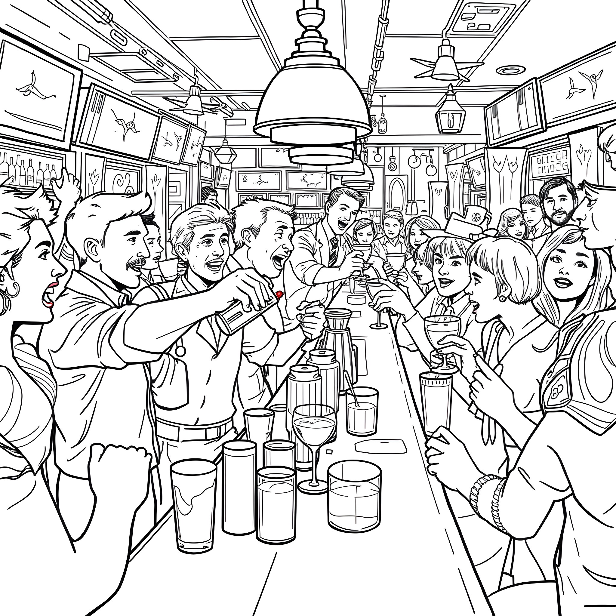 Bartender serving a lively crowd in a bustling bar Coloring Page (free black-and-white line drawing printable PDF for all, from beginners to advanced learners, including children, teens, adults, and seniors)