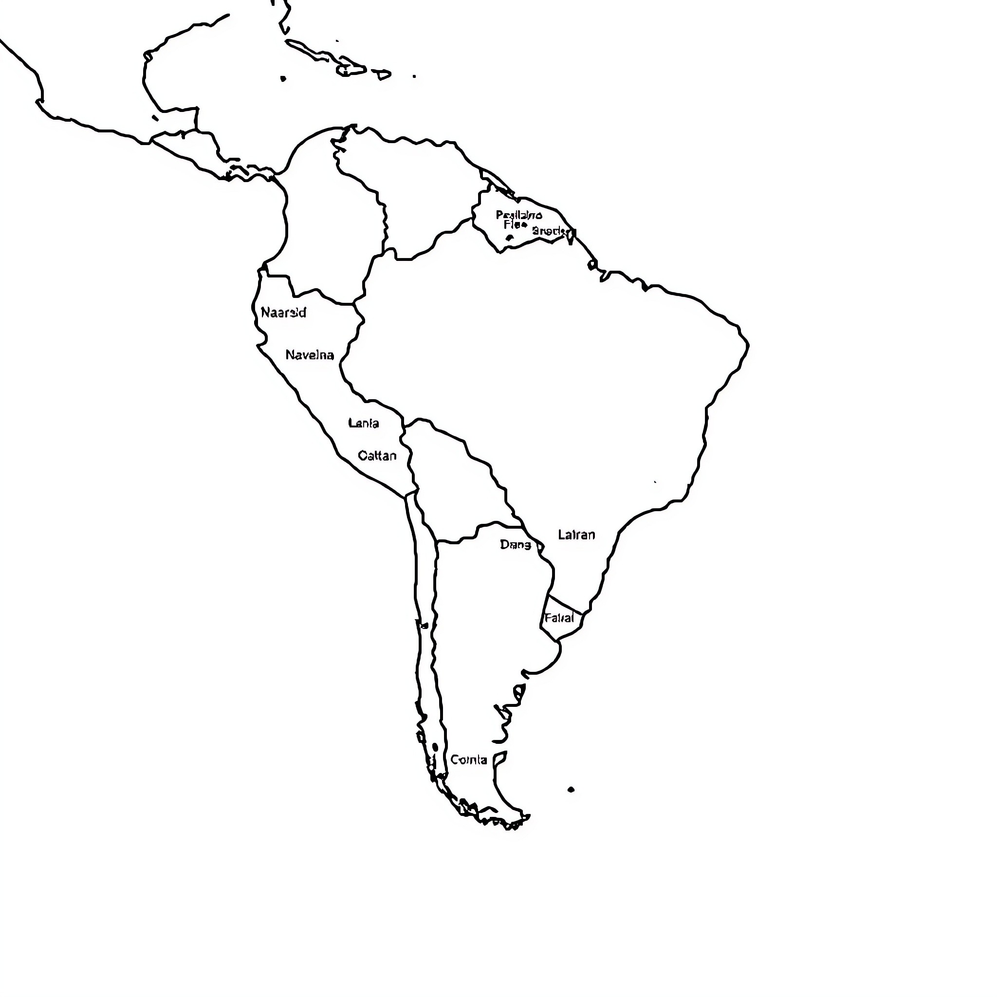 Map of Outline of South America Coloring Page (free black-and-white line drawing printable PDF for all, from beginners to advanced learners, including children, teens, adults, and seniors)