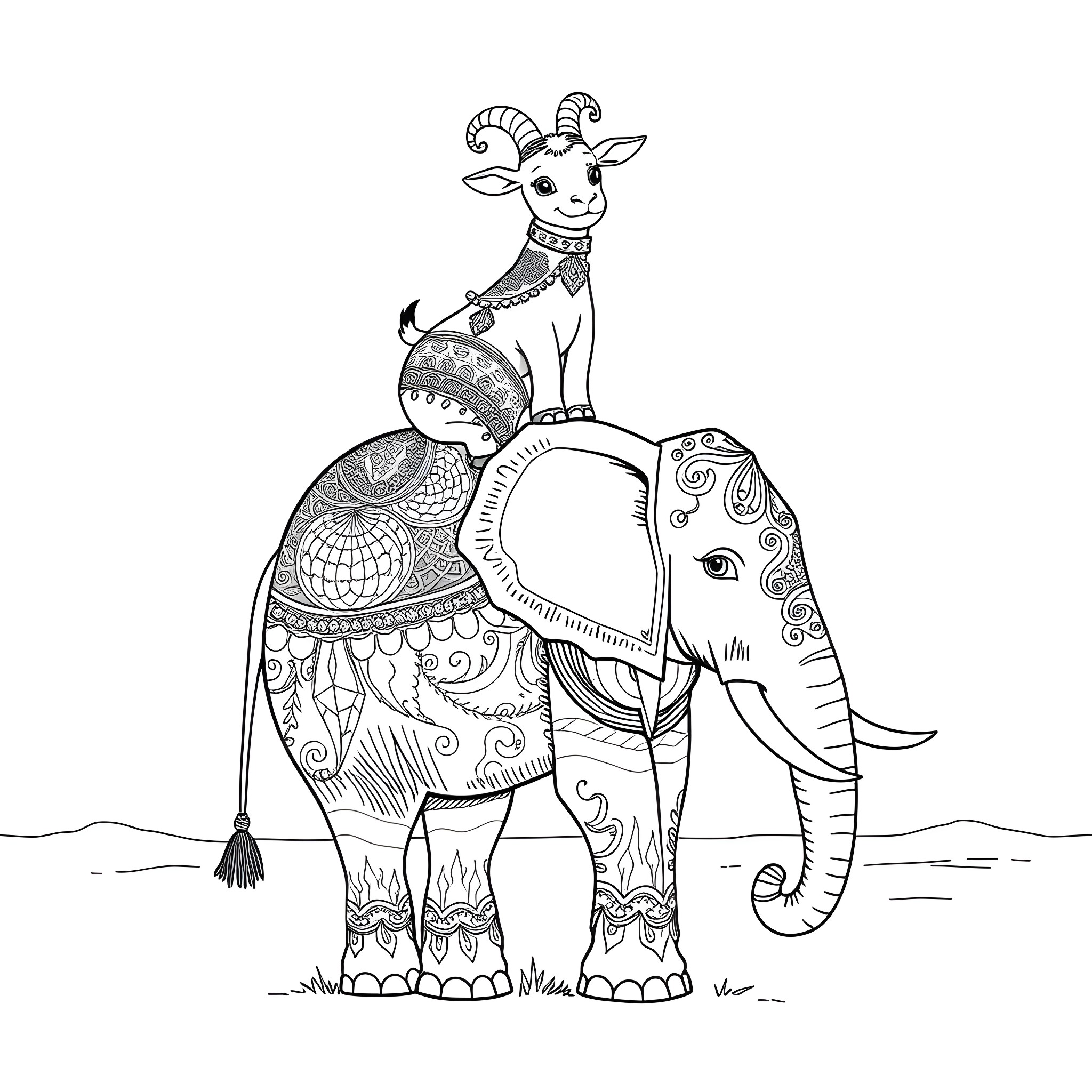 Goat riding ornately decorated elephant Coloring Page (free black-and-white line drawing printable PDF for all, from beginners to advanced learners, including children, teens, adults, and seniors)