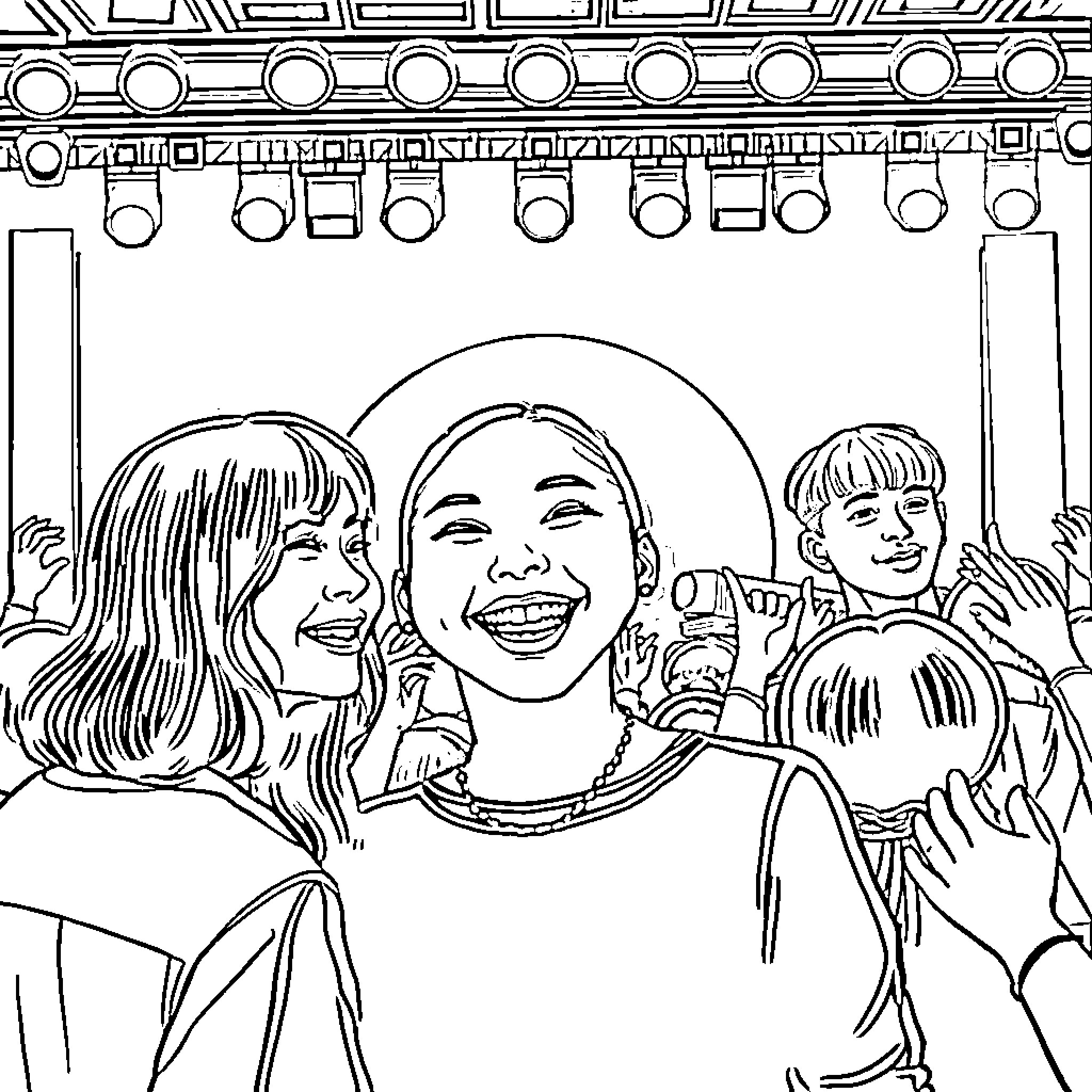 Gabby Gato with friends enjoying a concert Coloring Page (free black-and-white line drawing printable PDF for all, from beginners to advanced learners, including children, teens, adults, and seniors)