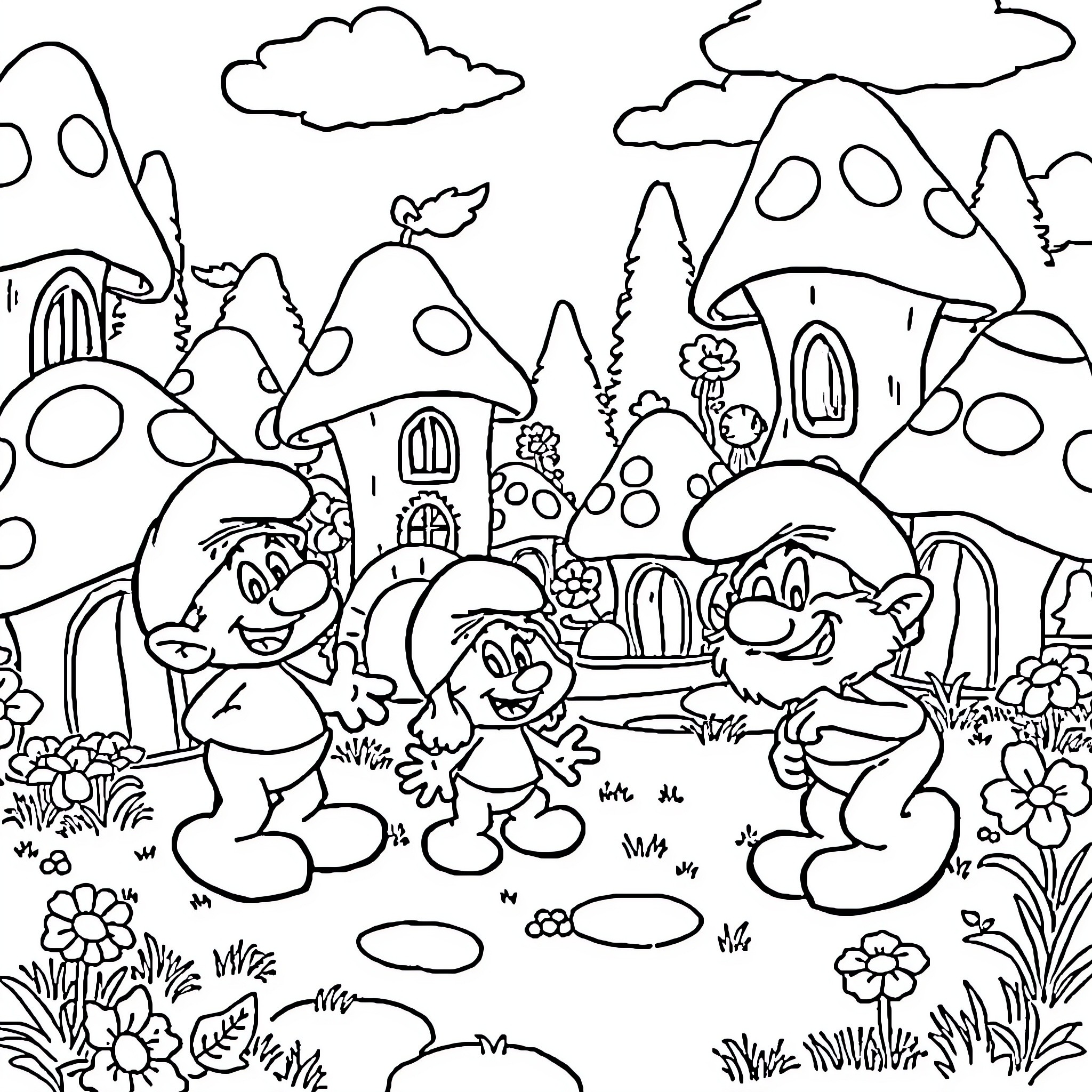 Smurfs enjoying a day in the fantasy mushroom village Coloring Page (free black-and-white line drawing printable PDF for all, from beginners to advanced learners, including children, teens, adults, and seniors)