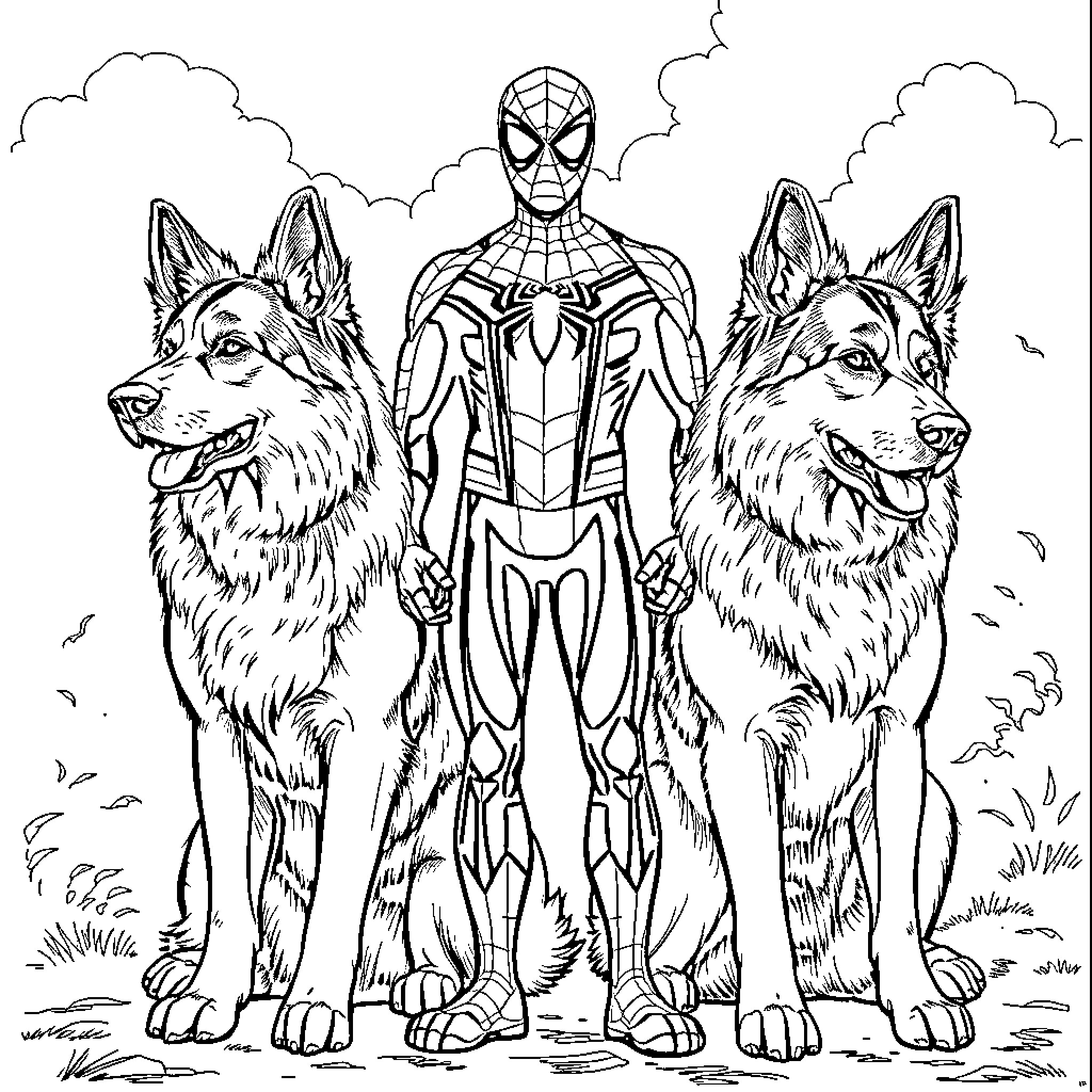Spiderman and his canine companions in action Coloring Page (free black-and-white line drawing printable PDF for all, from beginners to advanced learners, including children, teens, adults, and seniors)