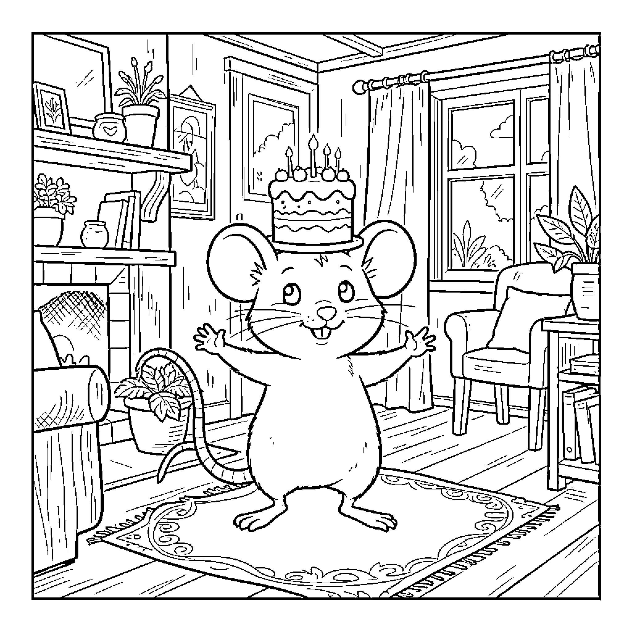 Souris celebrating with a large birthday cake indoors Coloring Page (free black-and-white line drawing printable PDF for all, from beginners to advanced learners, including children, teens, adults, and seniors)