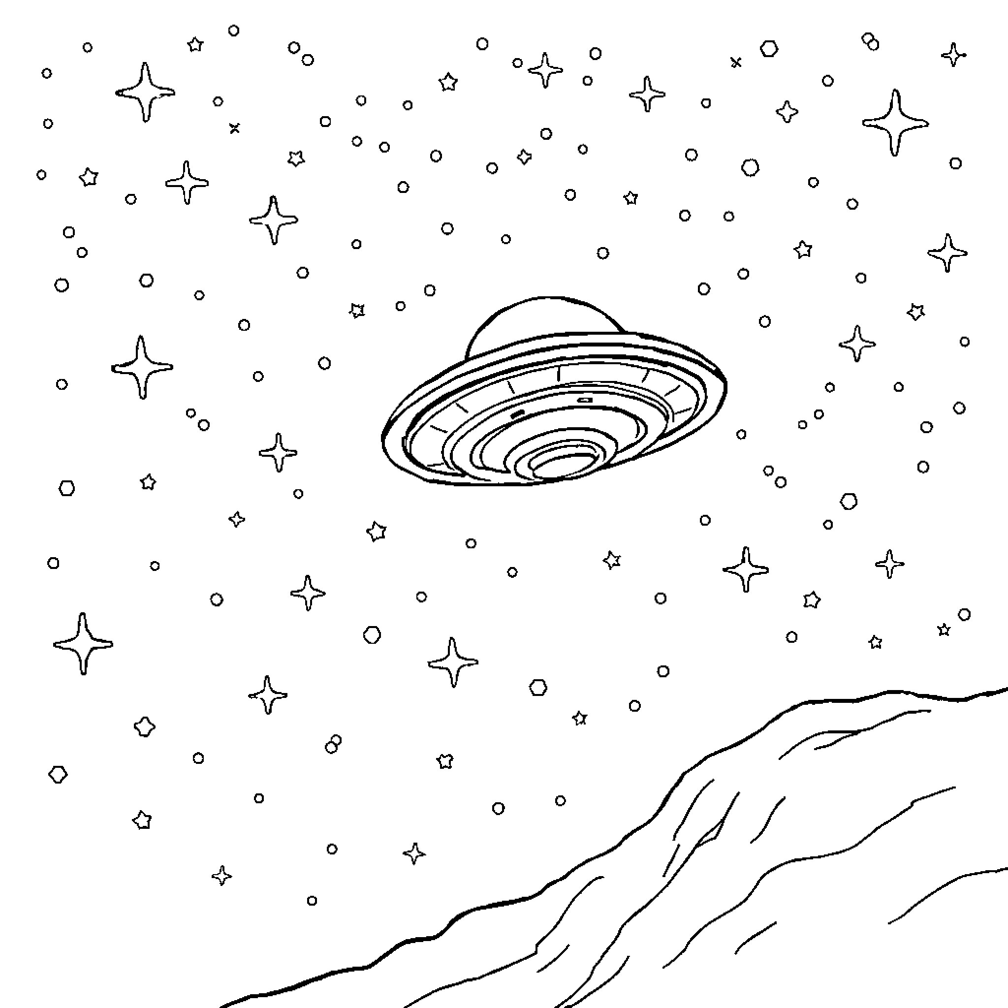 UFO spotted over starry night landscape Coloring Page (free black-and-white line drawing printable PDF for all, from beginners to advanced learners, including children, teens, adults, and seniors)