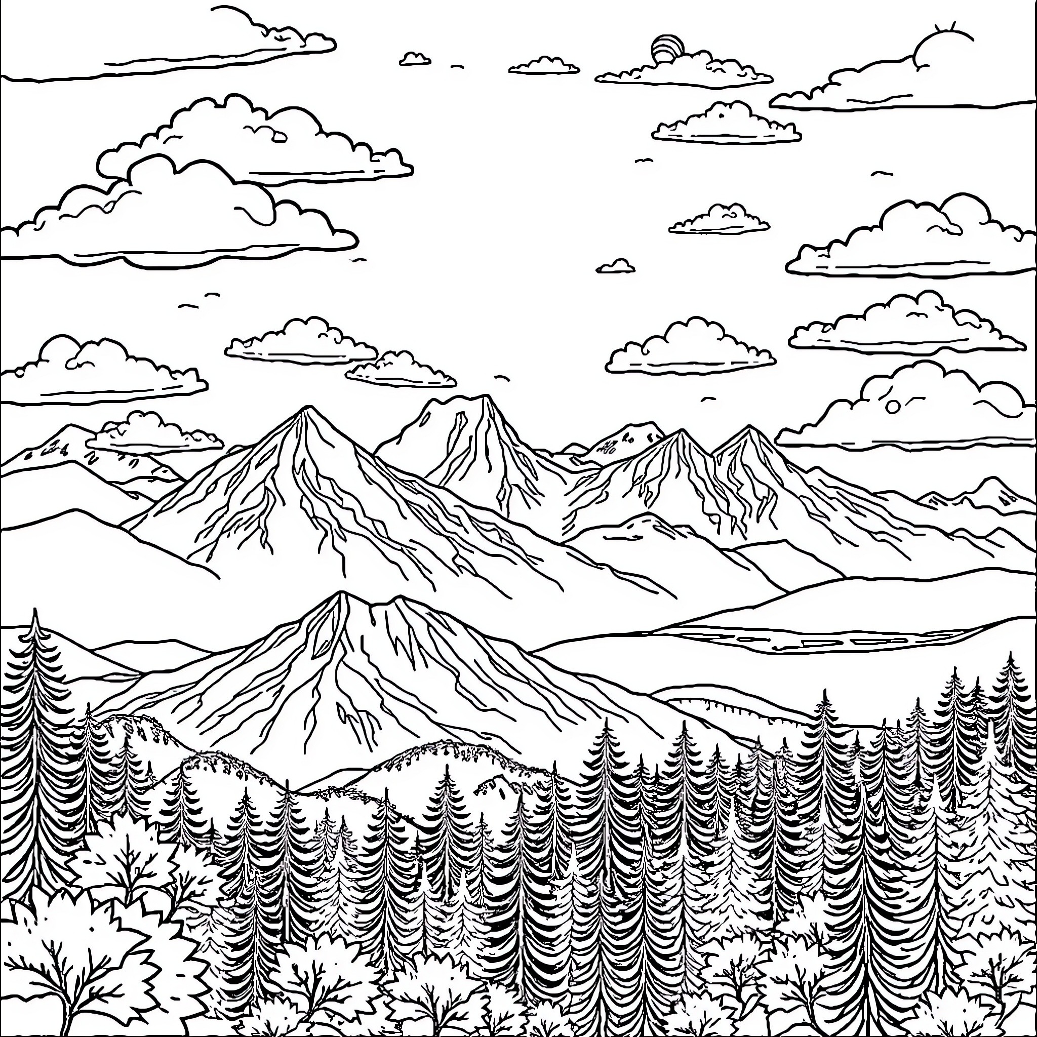 Landscape with majestic mountains and cloudy skies Coloring Page (free black-and-white line drawing printable PDF for all, from beginners to advanced learners, including children, teens, adults, and seniors)