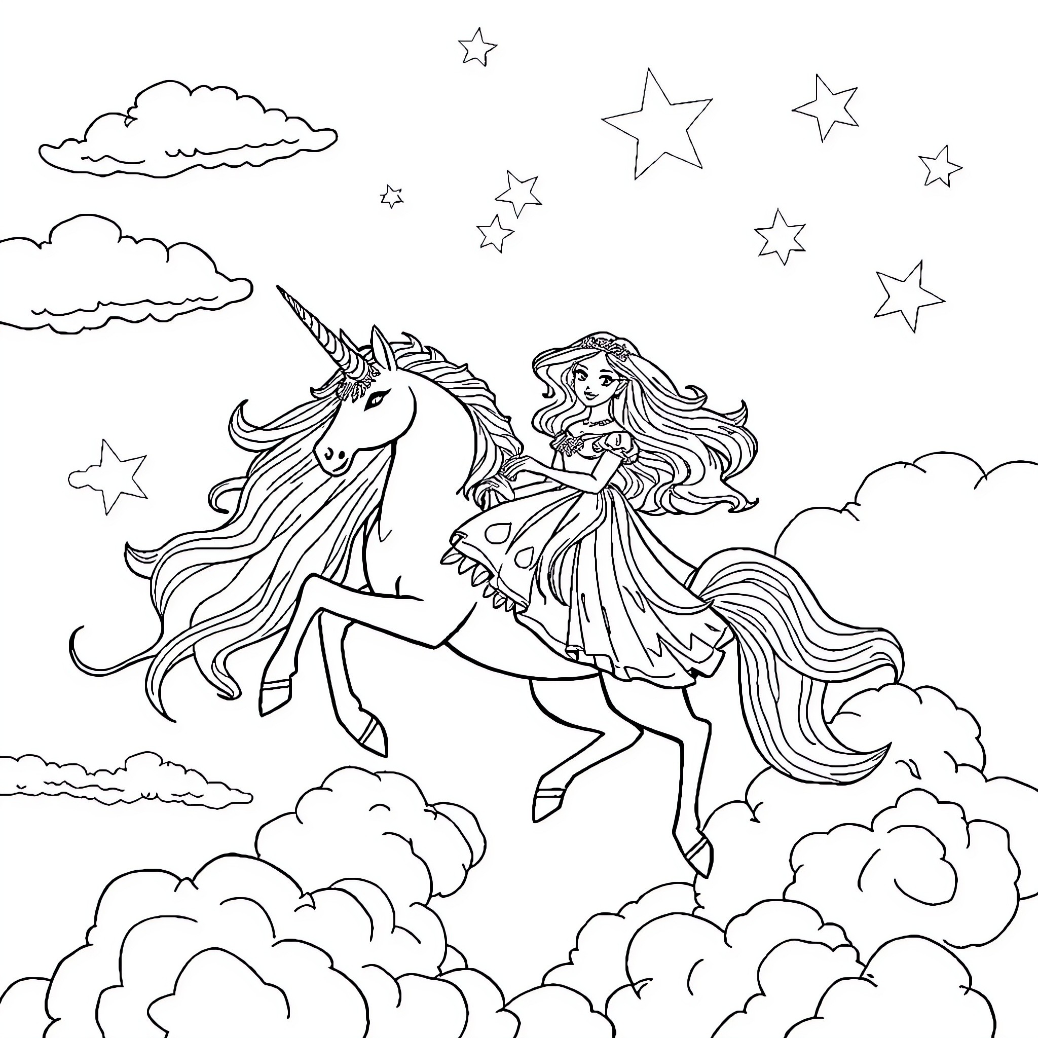Unicorn rides majestic princess through starry night sky Coloring Page (free black-and-white line drawing printable PDF for all, from beginners to advanced learners, including children, teens, adults, and seniors)
