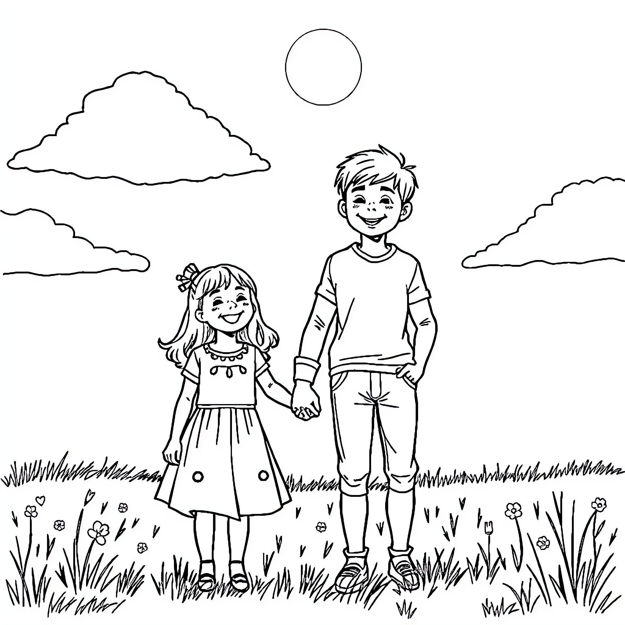 Child friends holding hands in nature Coloring Page (free black-and-white line drawing printable PDF for all, from beginners to advanced learners, including children, teens, adults, and seniors)